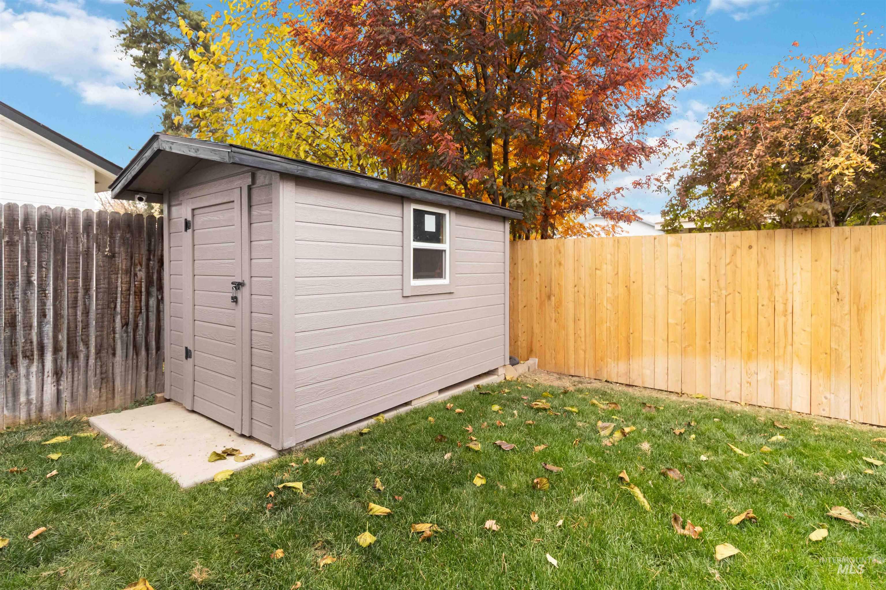 View of shed featuring a fenced backyard
