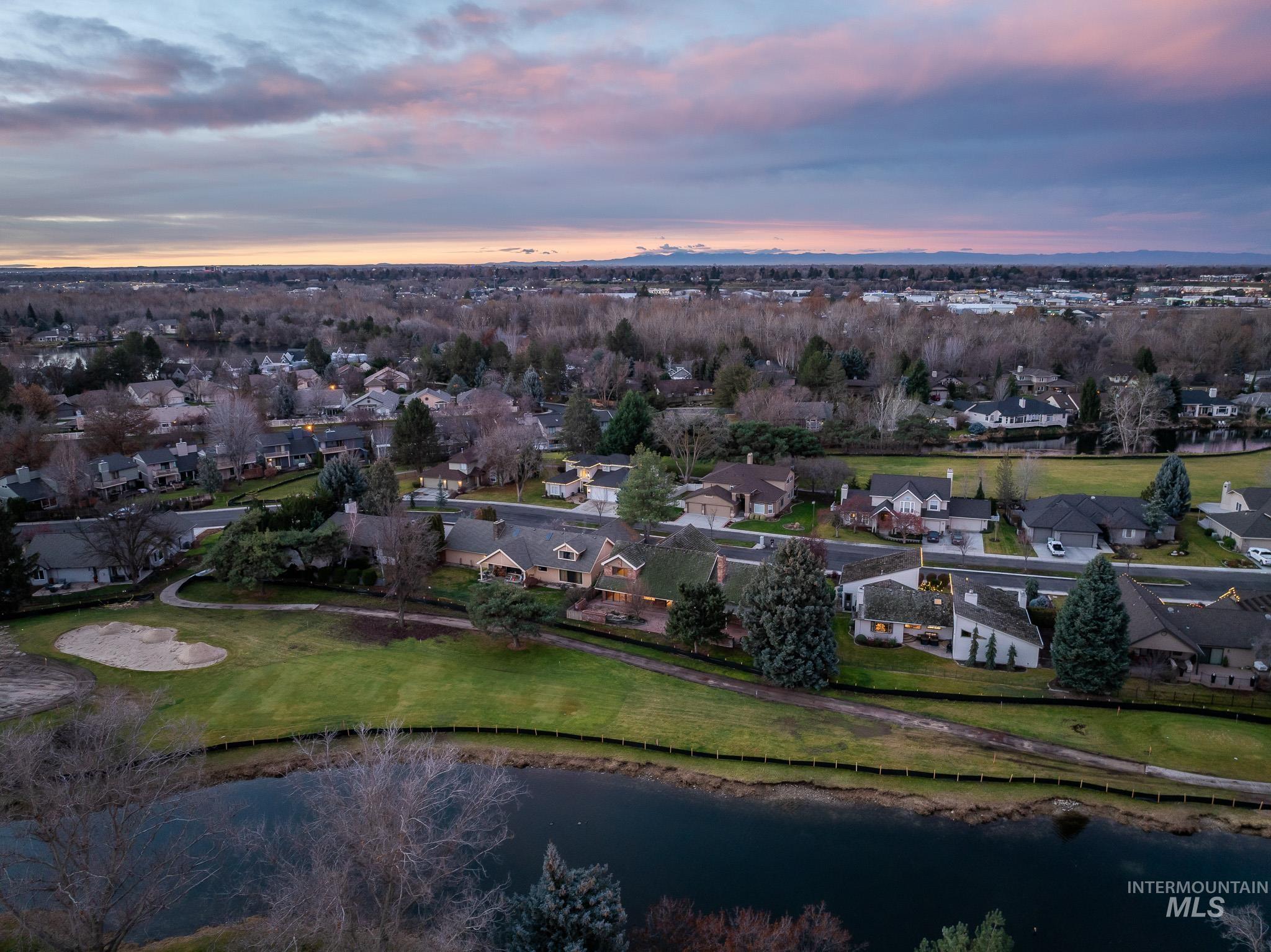 Aerial view at dawn of a residential view and a water view