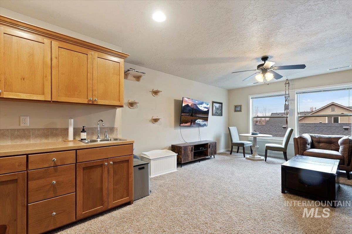 Living room featuring light colored carpet, a textured ceiling, and ceiling fan