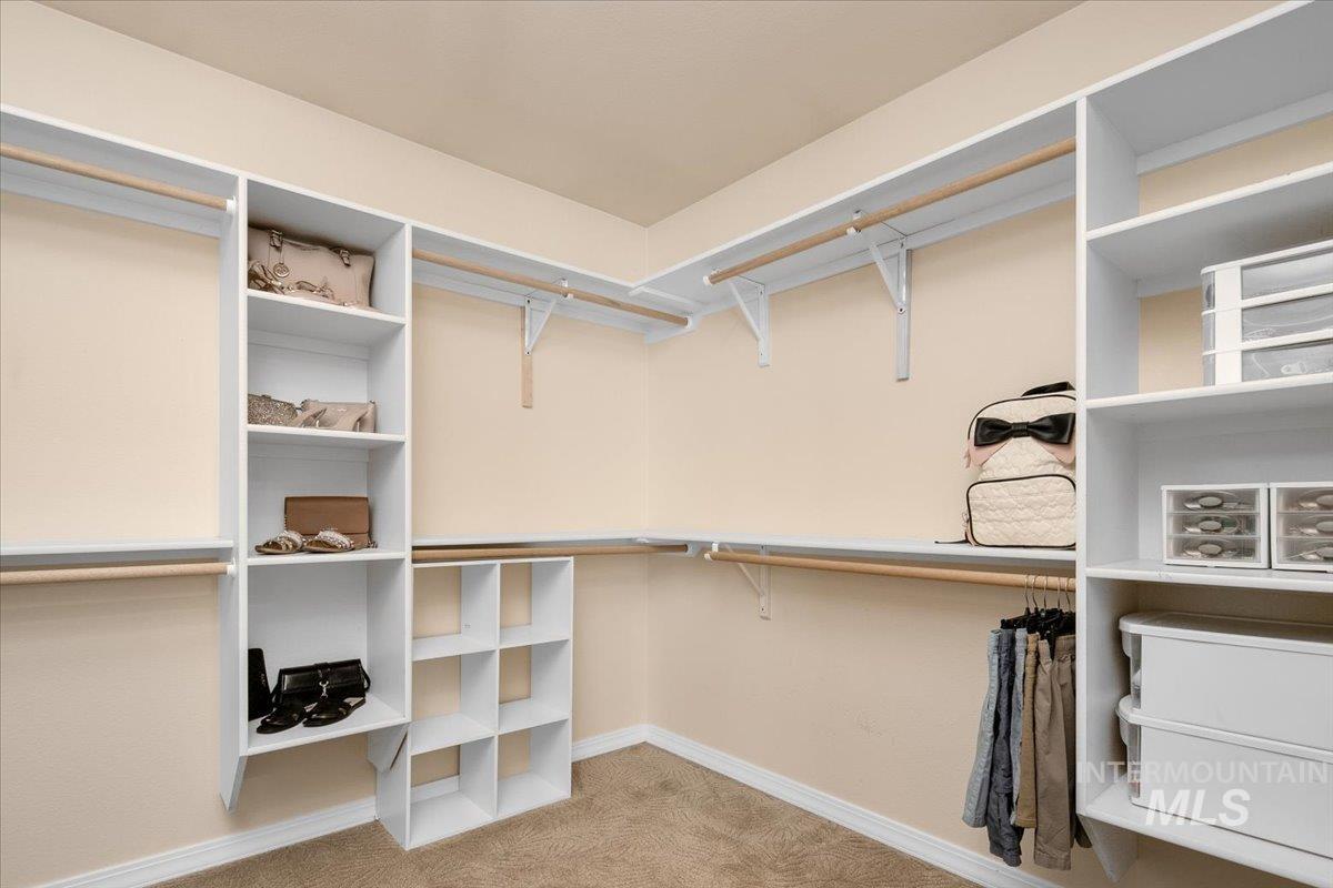 Spacious closet featuring light colored carpet