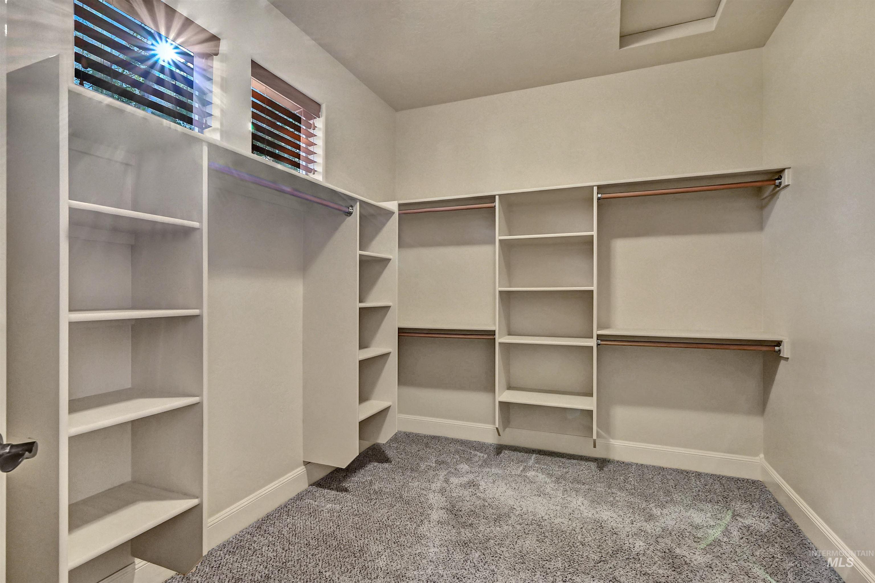 Spacious closet with light colored carpet