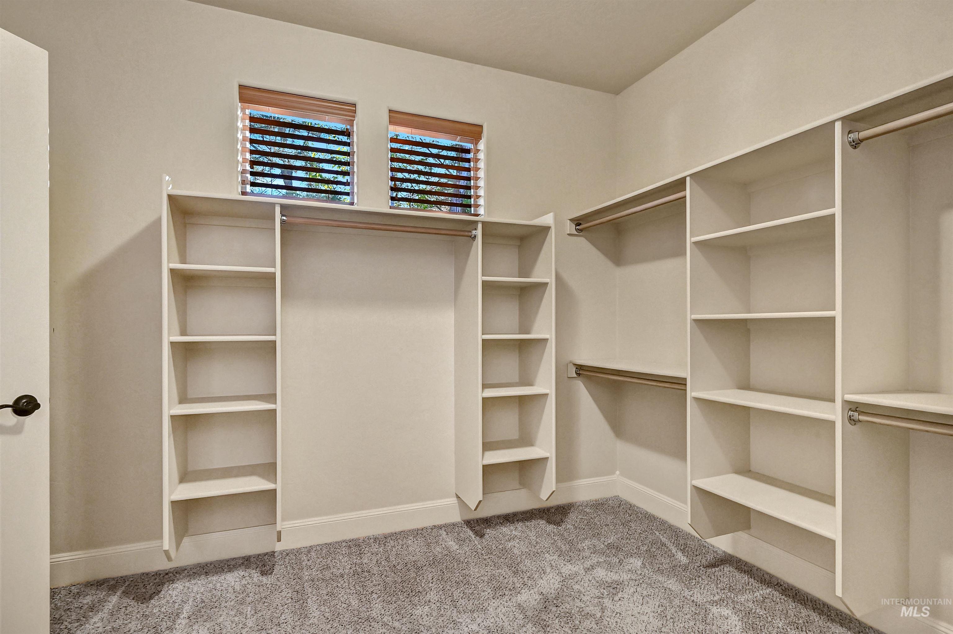 Walk in closet featuring light colored carpet
