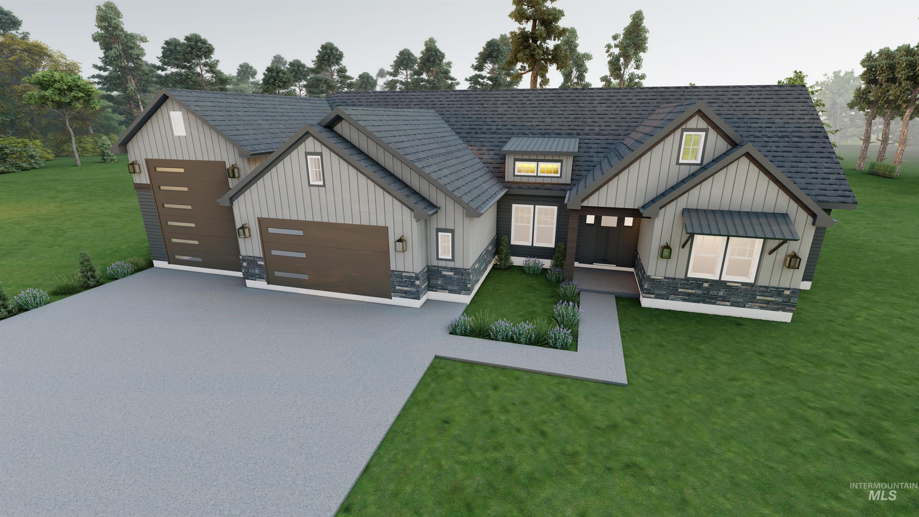 Modern farmhouse featuring board and batten siding, a front lawn, roof with shingles, and a garage