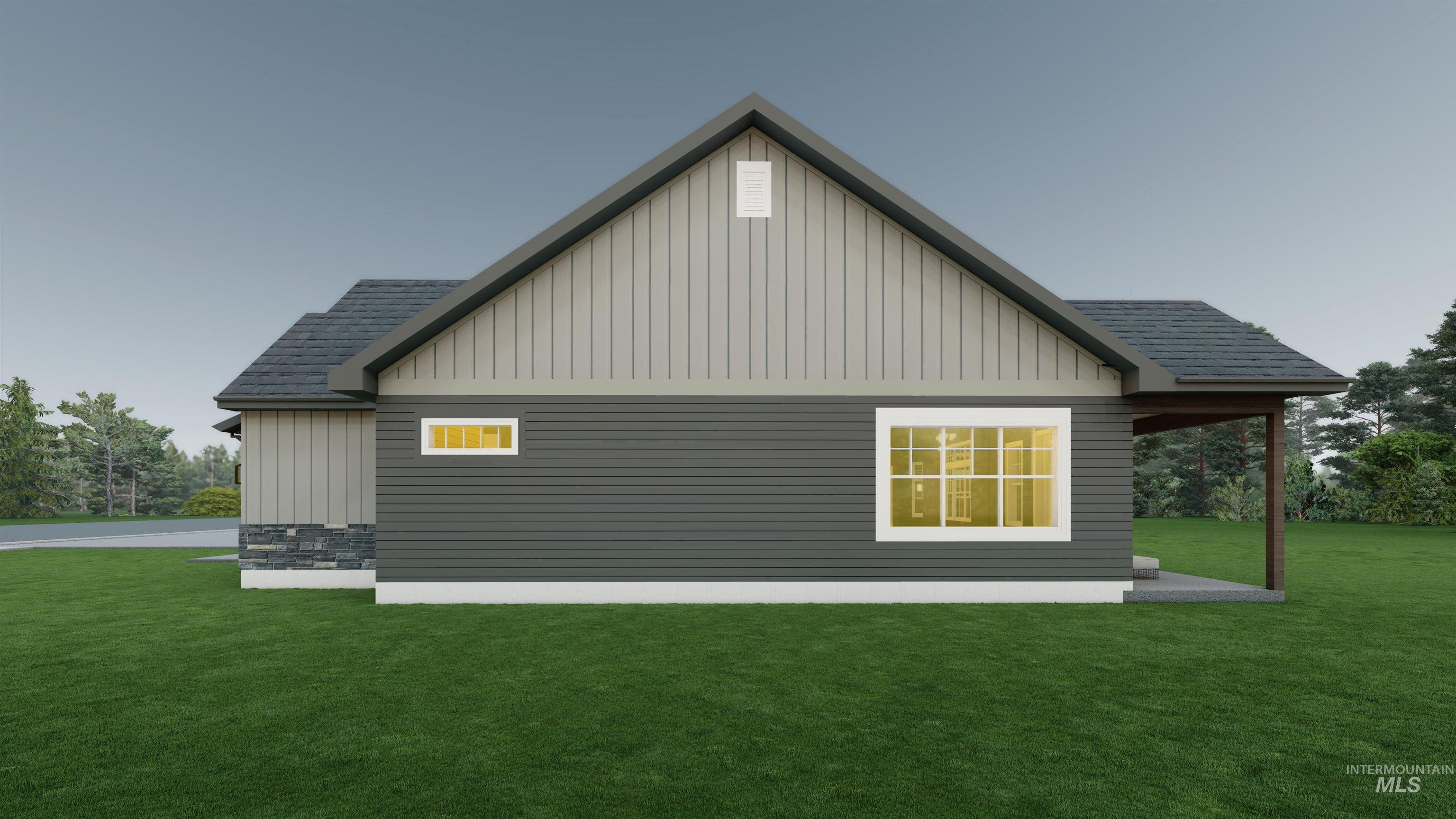 View of side of property featuring board and batten siding, a lawn, a patio, and a shingled roof