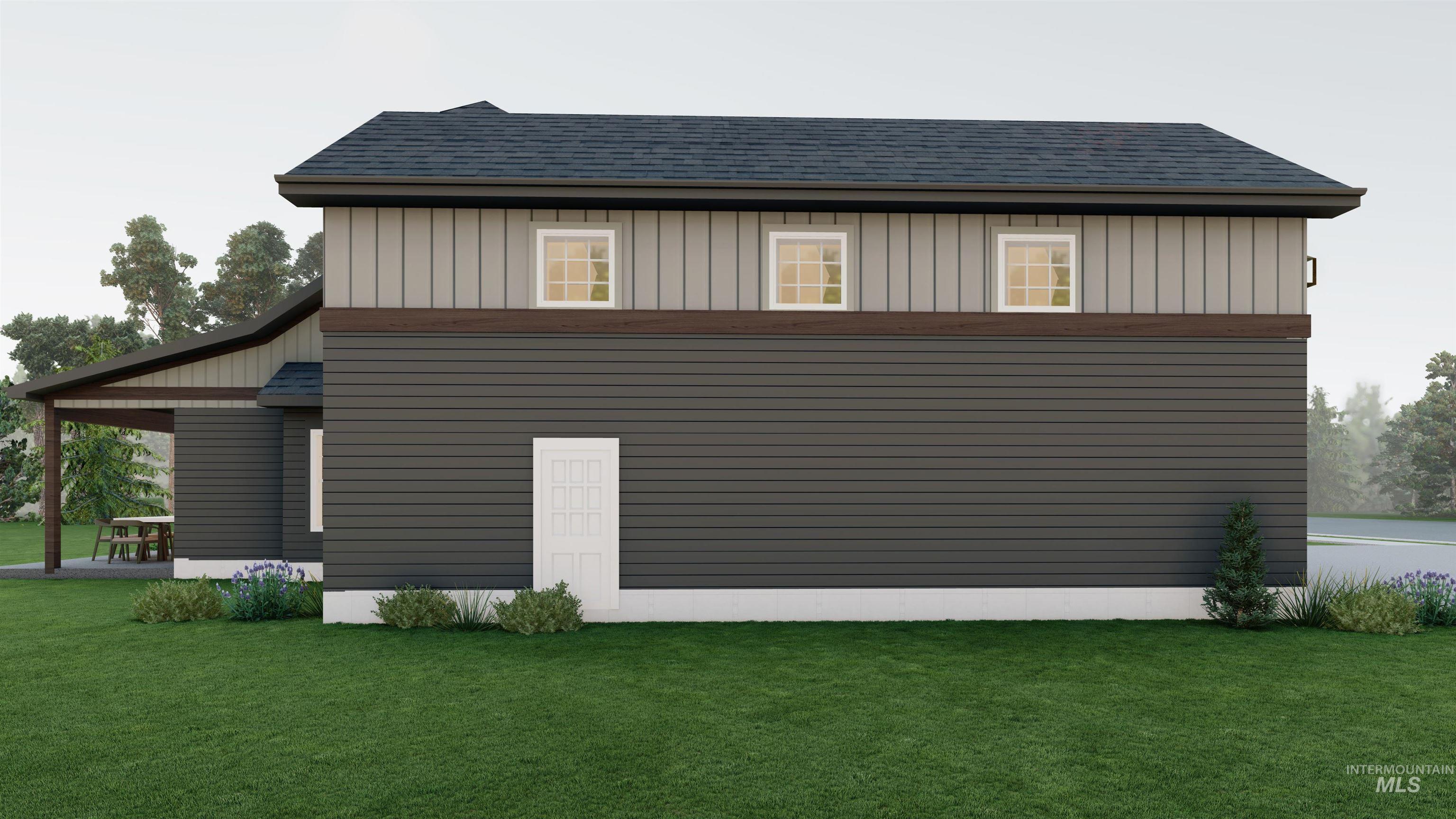 View of property exterior with a lawn, a shingled roof, and board and batten siding