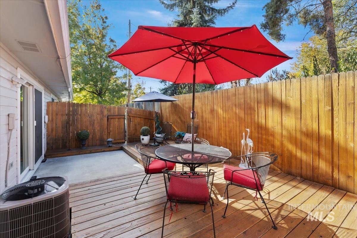 Wooden deck with outdoor dining space and a fenced backyard