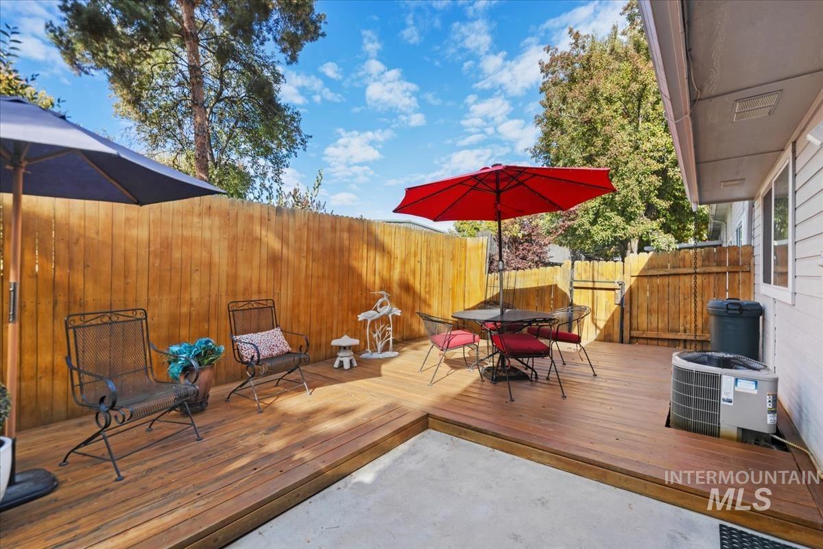 Deck featuring outdoor dining area and a fenced backyard