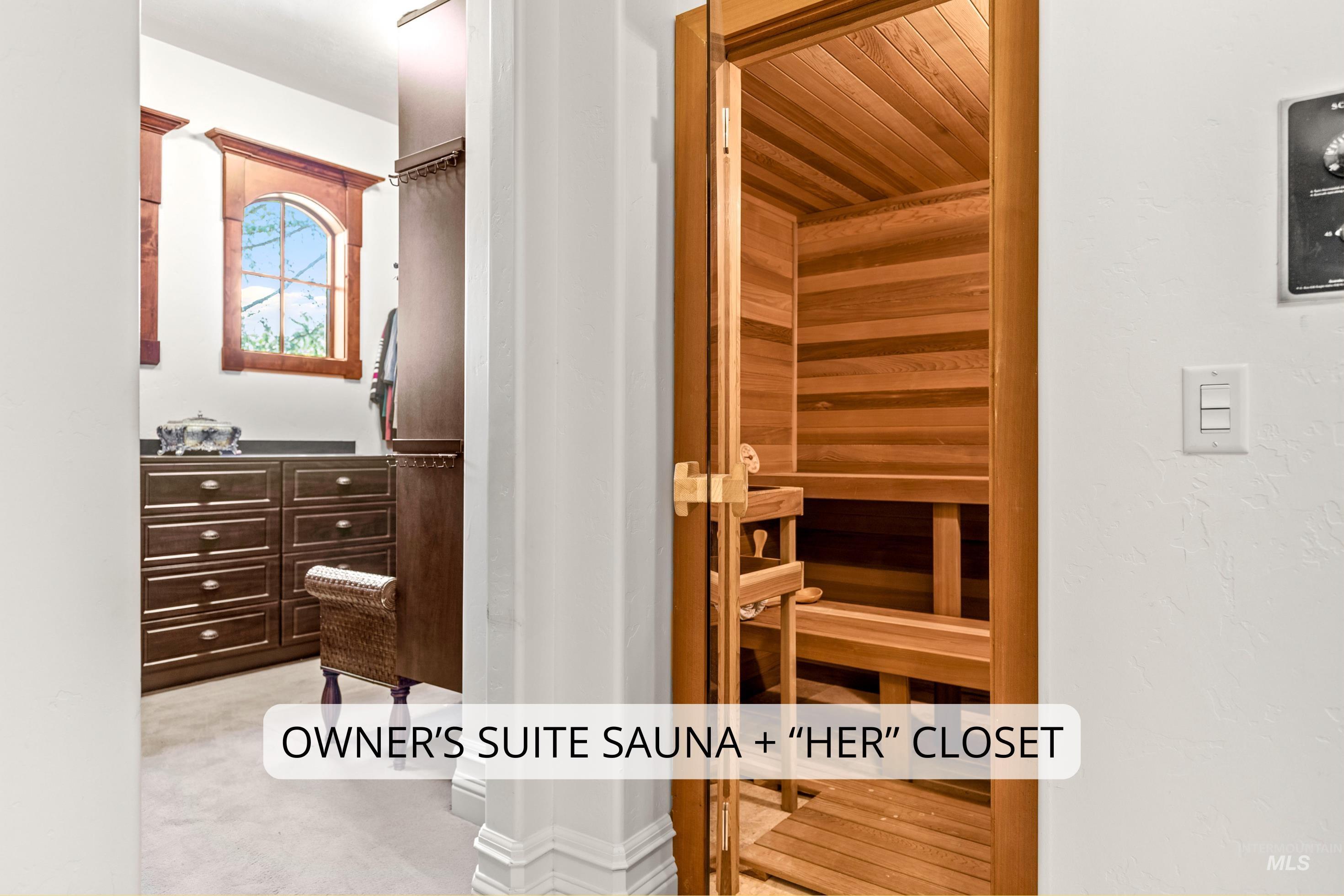 Built-in sauna with light wood paneling and bench seating