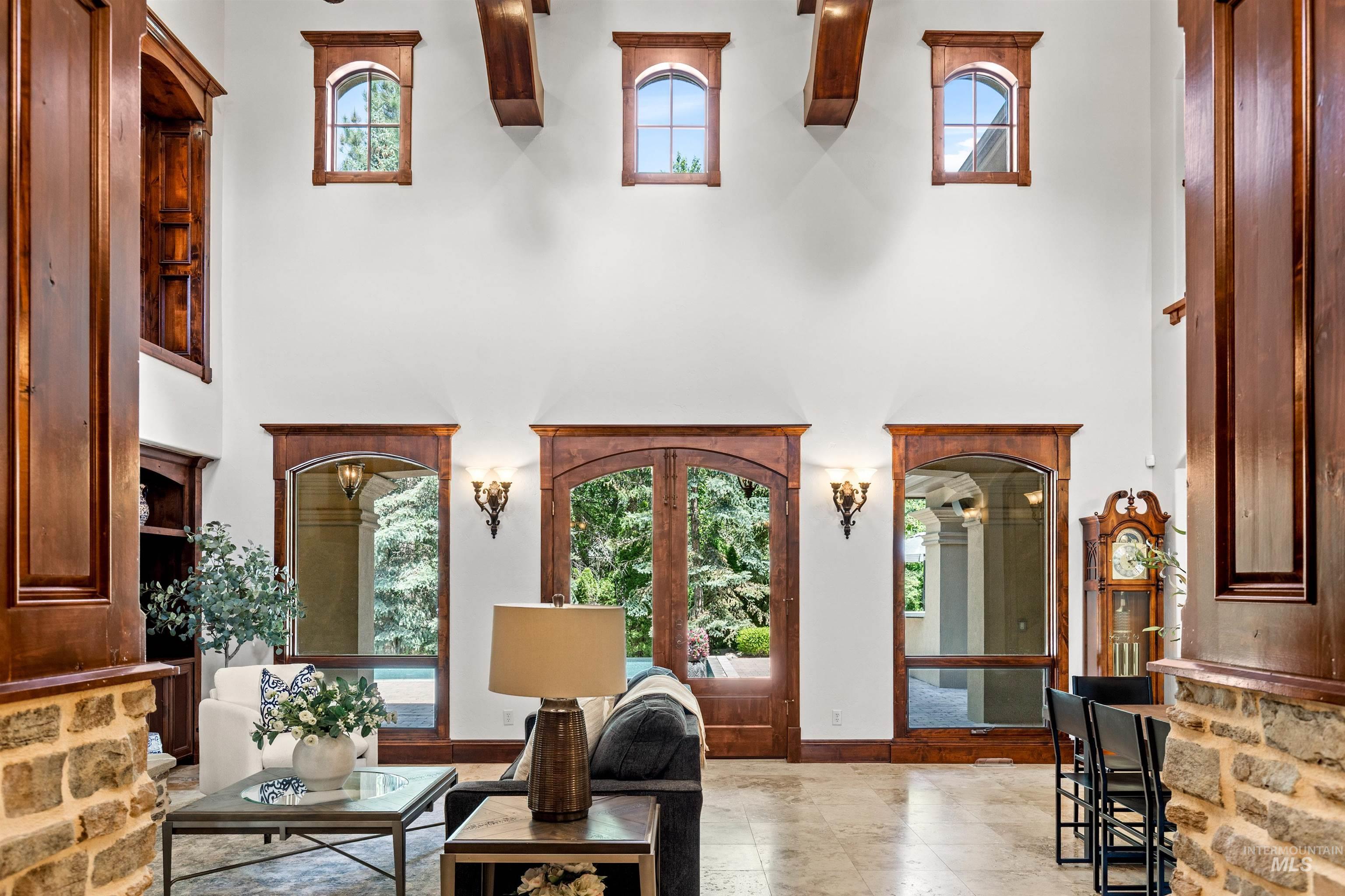 Soaring ceilings with exposed wood beams