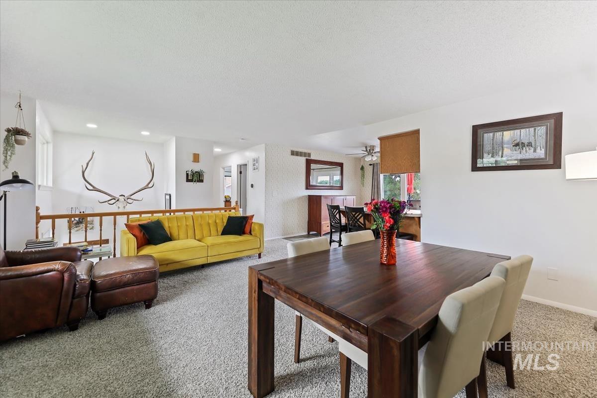 Carpeted dining space with a ceiling fan