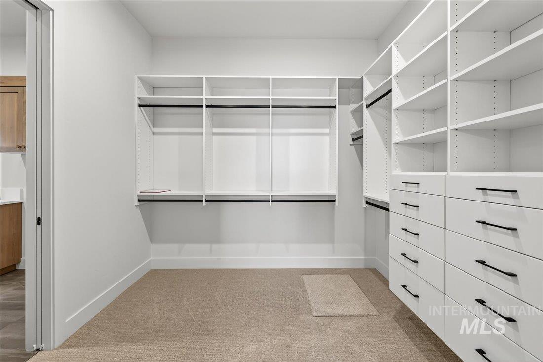 Spacious closet with light colored carpet