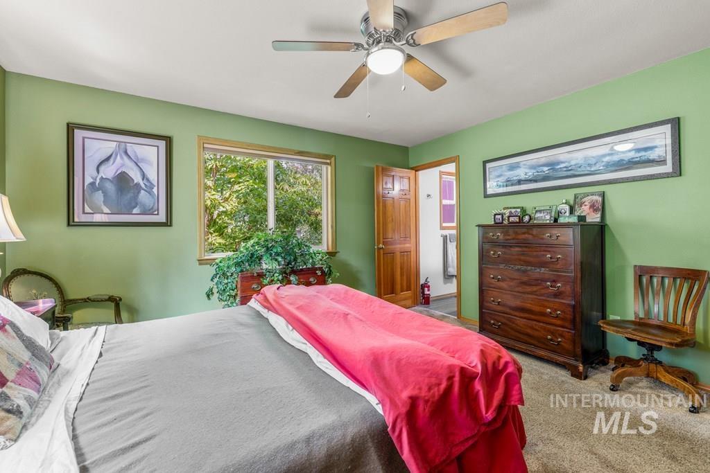 Bedroom with carpet and a ceiling fan with ensuite bath and walk-in closet.