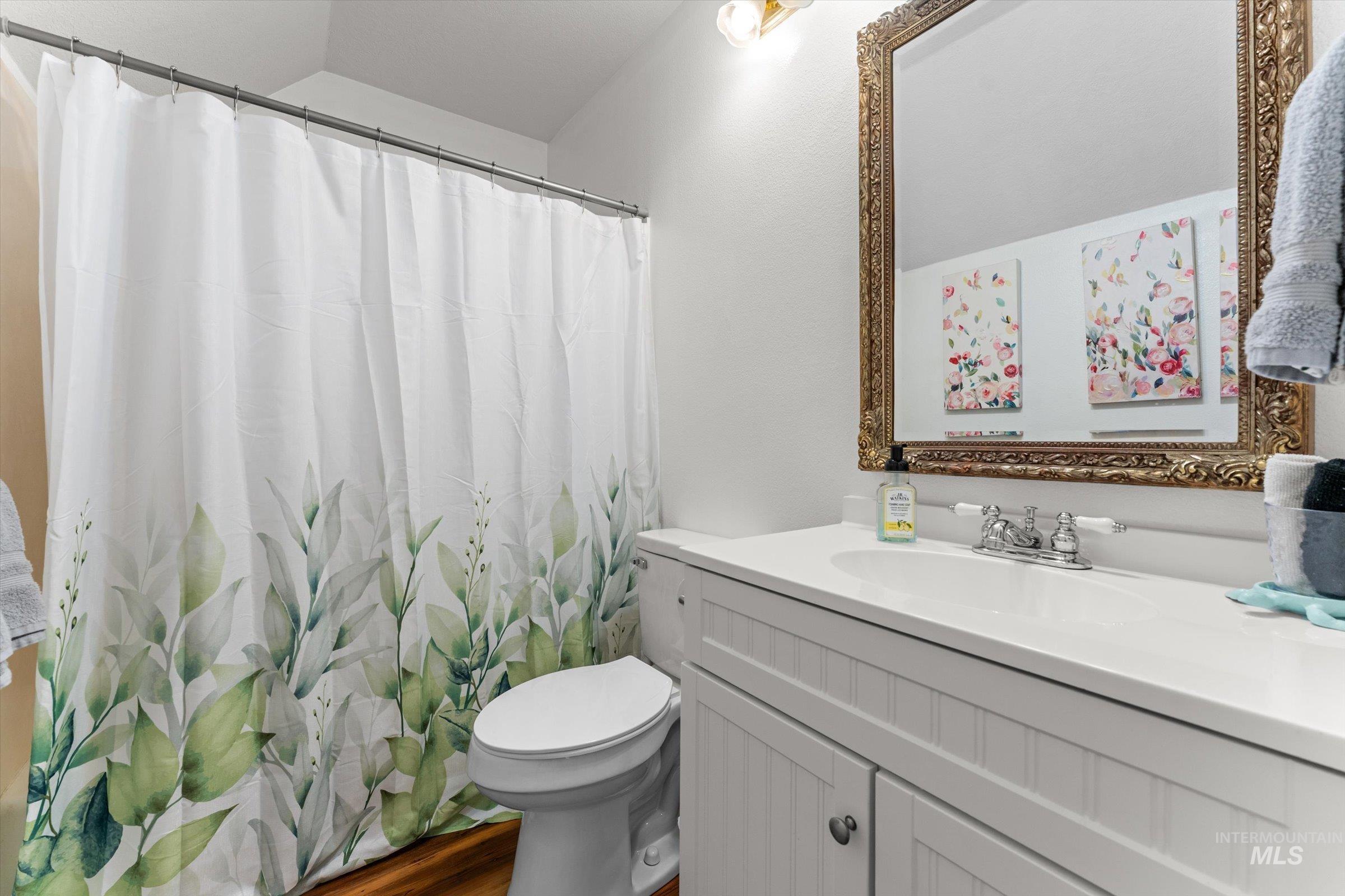 Full bathroom with vanity, dark wood-style floors, and curtained shower