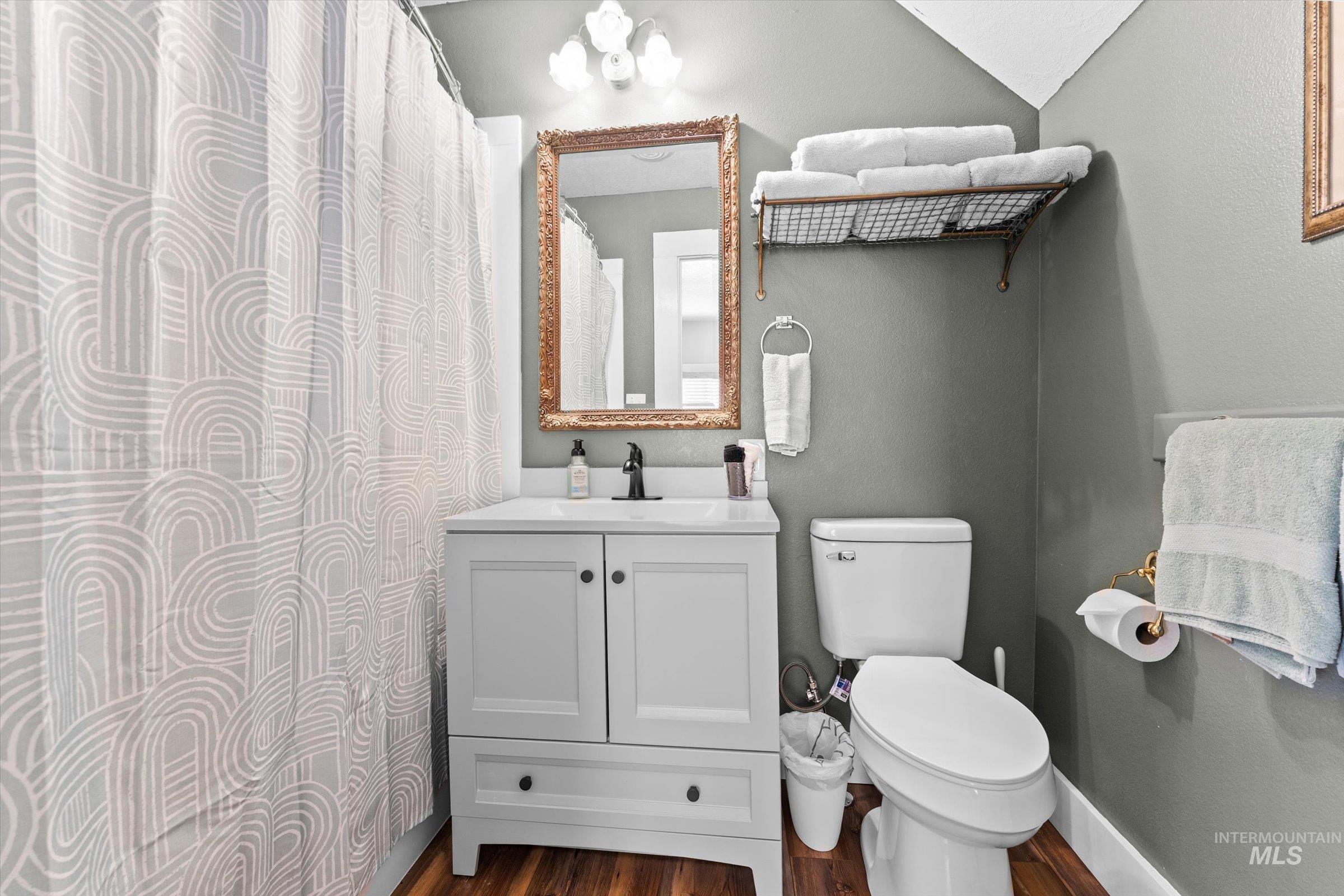 Full bath featuring vanity, dark wood finished floors, and a shower with shower curtain