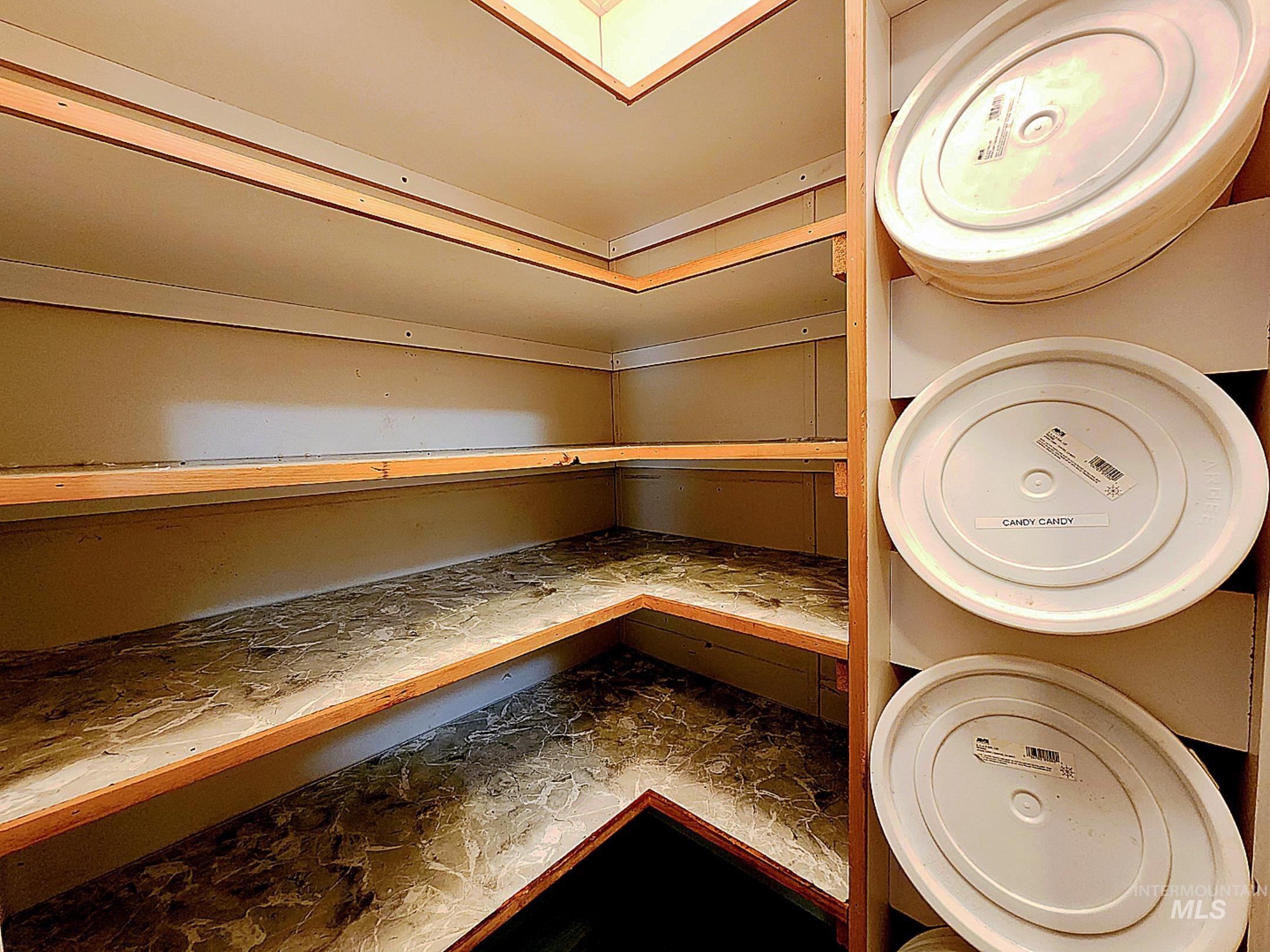 Spacious walk-in pantry with wraparound shelving, ample storage, and dry food container storage.