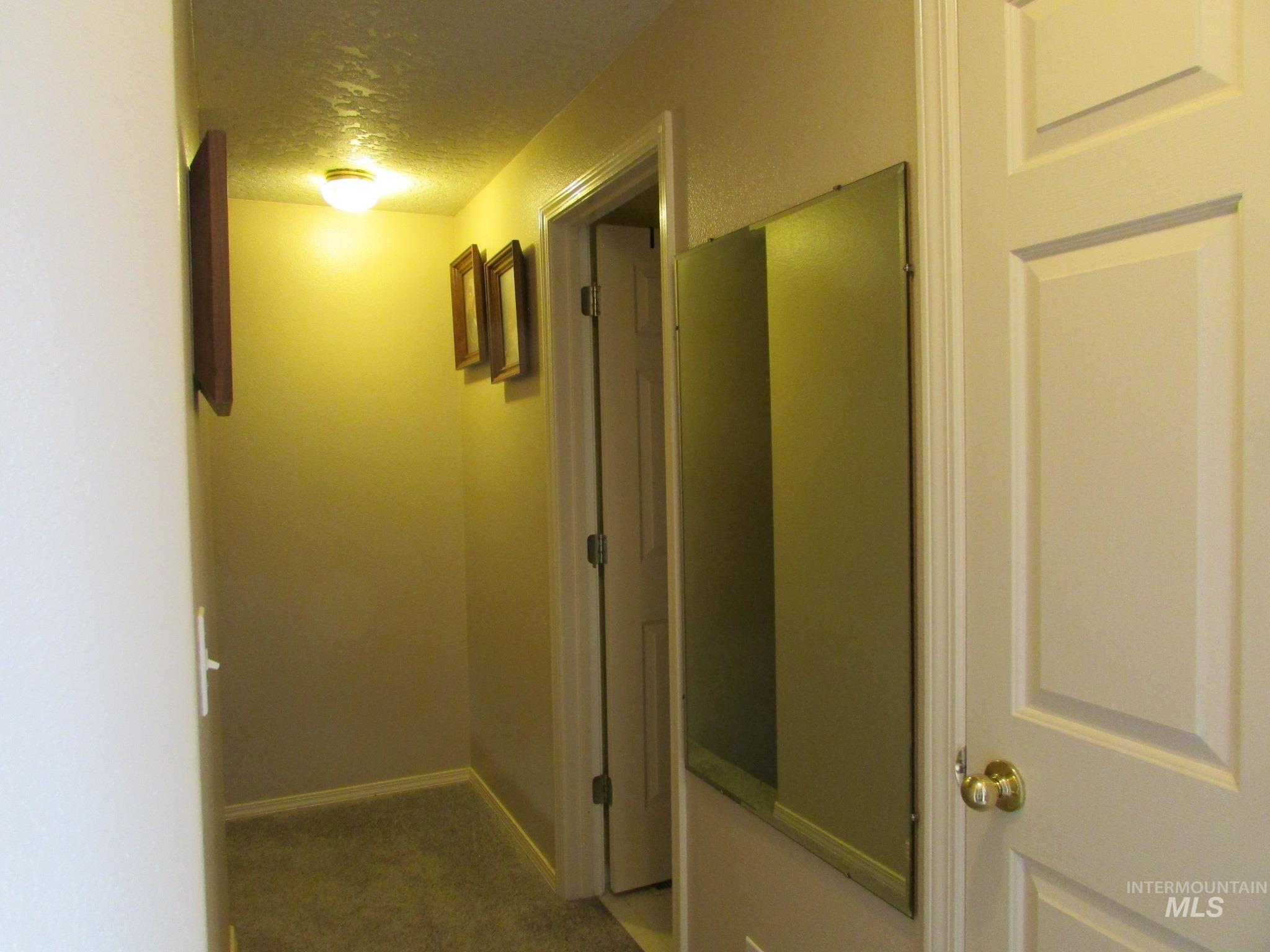 Hallway featuring textured ceiling, flush mount lighting, neutral painted walls, and carpet flooring