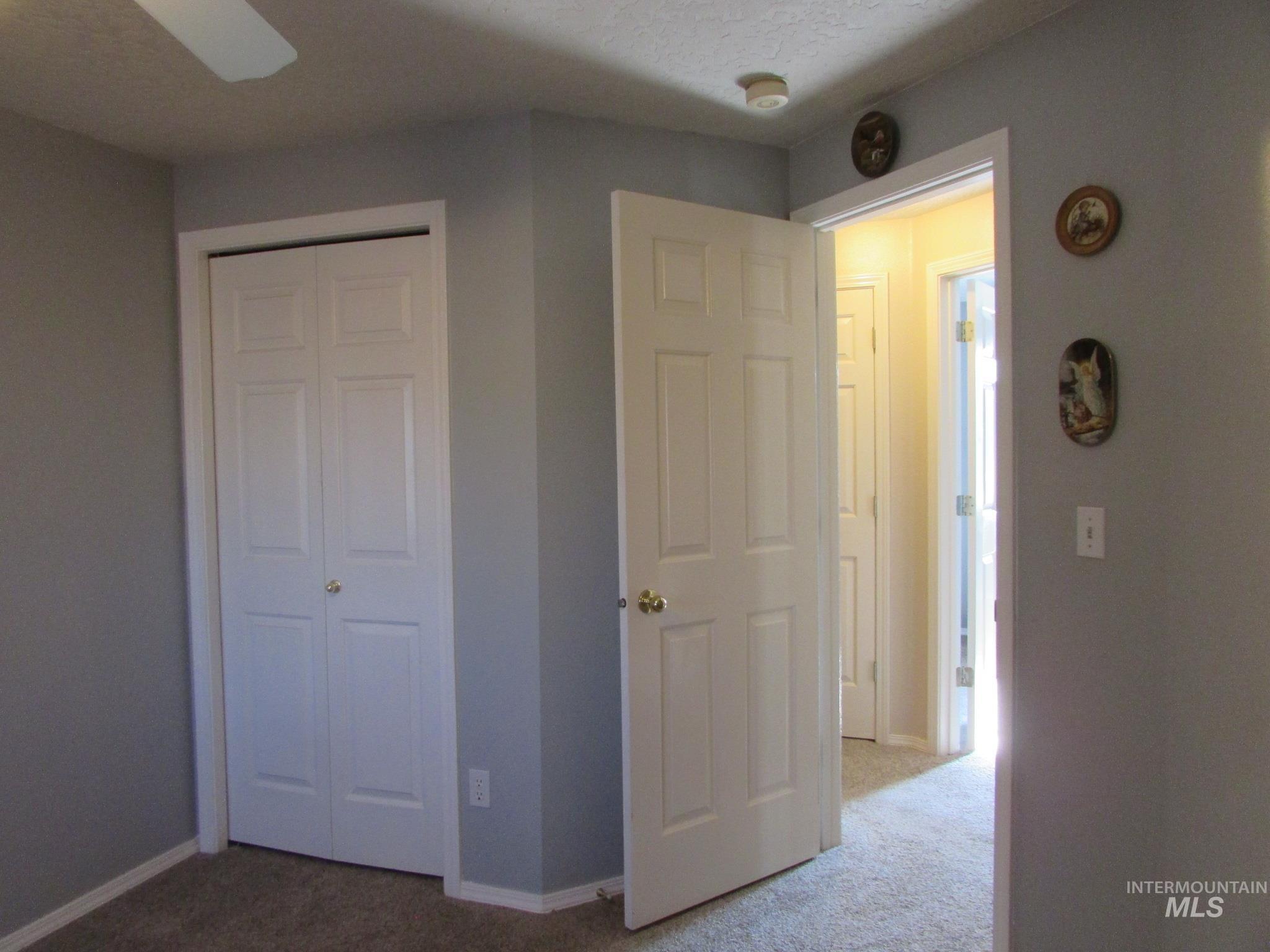 Interior room featuring gray painted walls, white trim, and light-colored carpet flooring