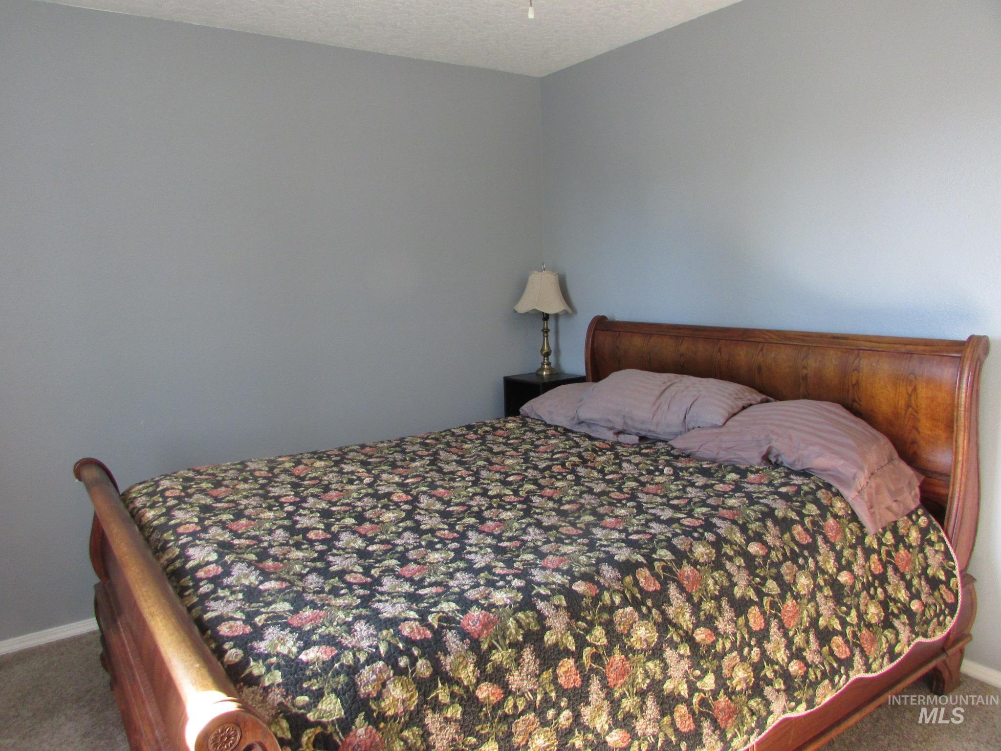 Bedroom featuring light gray walls and textured carpet flooring