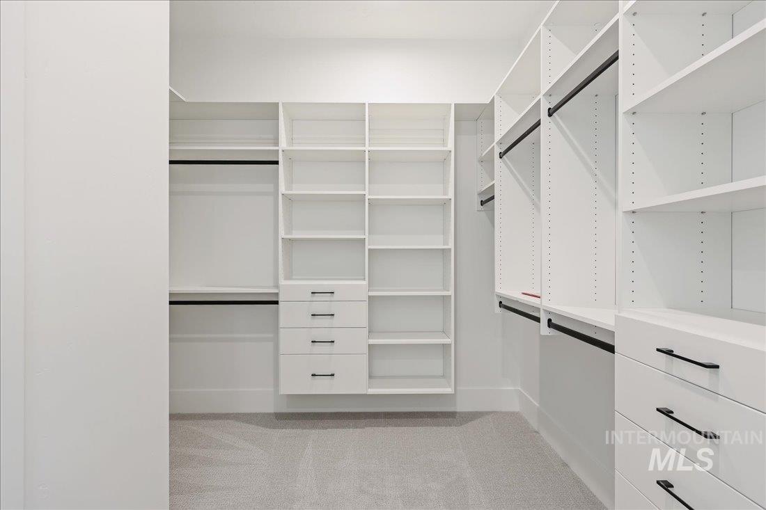 Walk in closet with light carpet