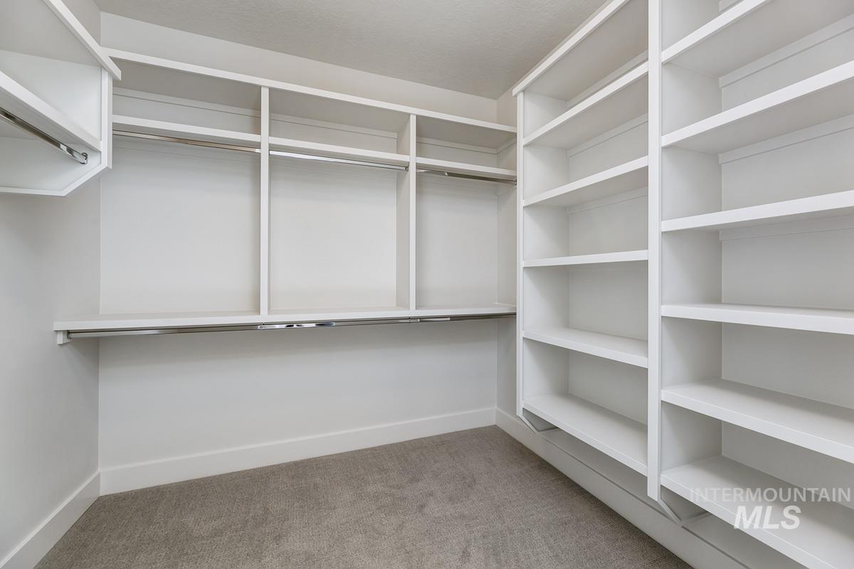 Spacious closet with light carpet