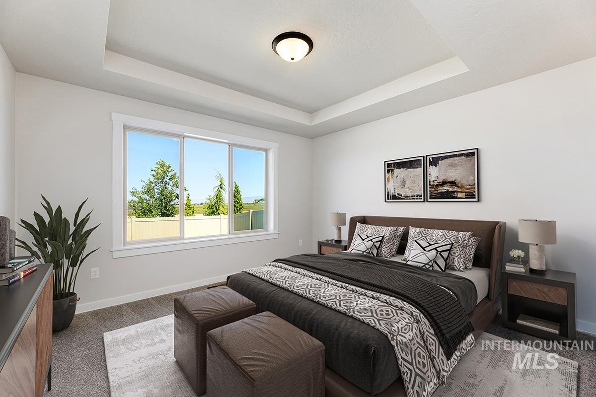 Recessed tray ceiling with a central flush-mount light fixture