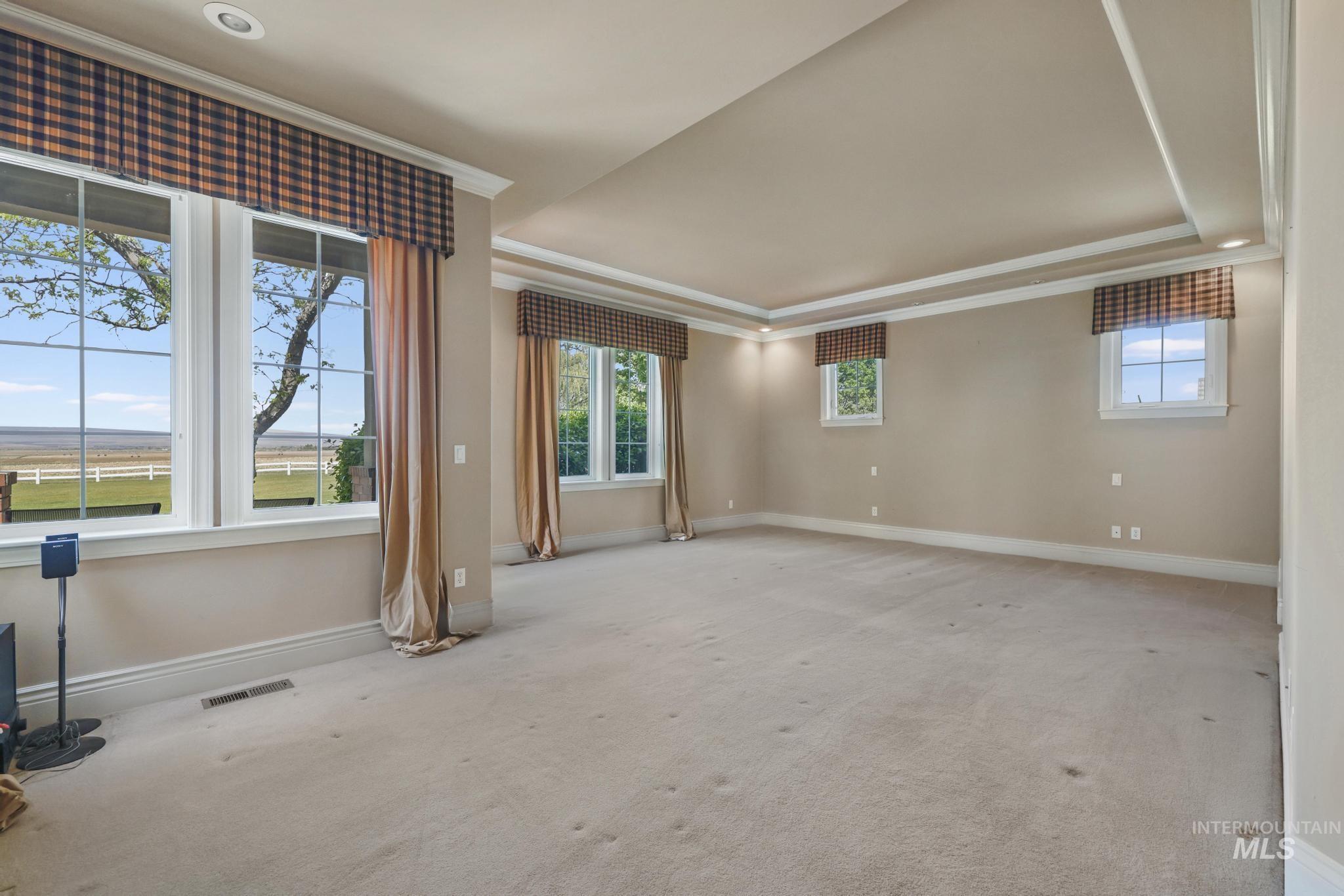 Carpeted empty room with a raised ceiling and ornamental molding