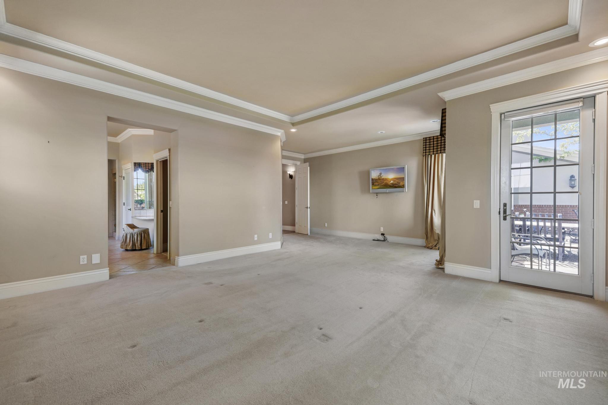 Unfurnished bed room featuring light colored carpet, crown molding, and plenty of natural light