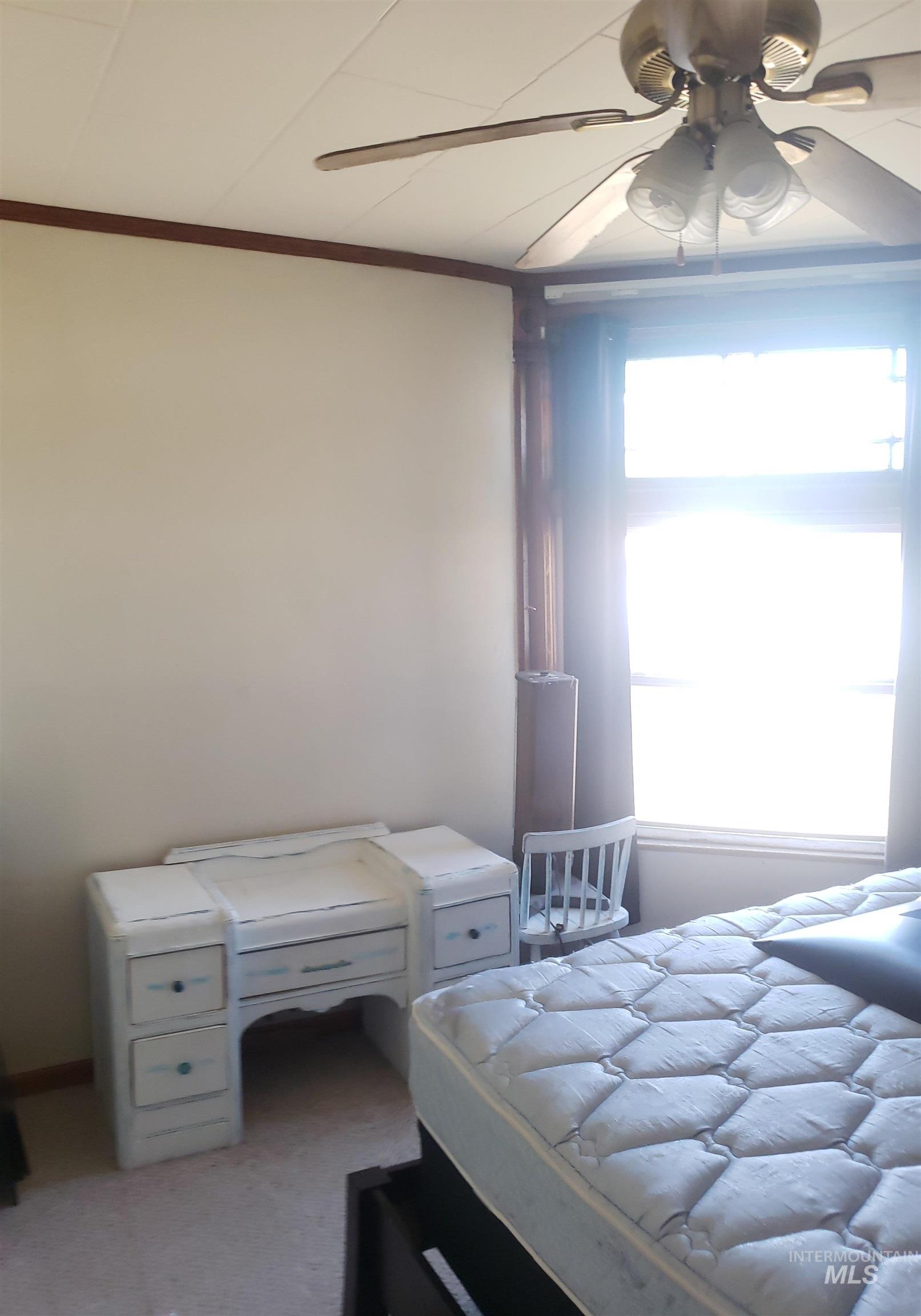 Bedroom with ceiling fan, light colored carpet, and ornamental molding