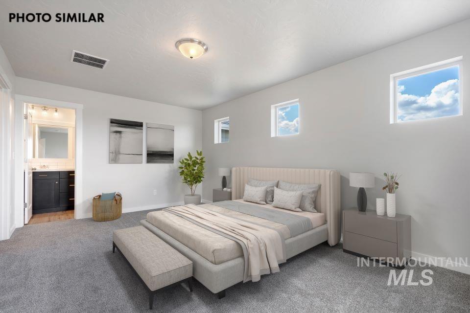 Spacious bedroom featuring light gray carpeting and a neutral color palette