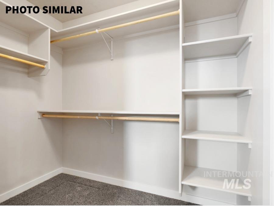 Walk-in closet featuring built-in shelving, multiple hanging rods, white-painted walls, and gray-toned carpeting