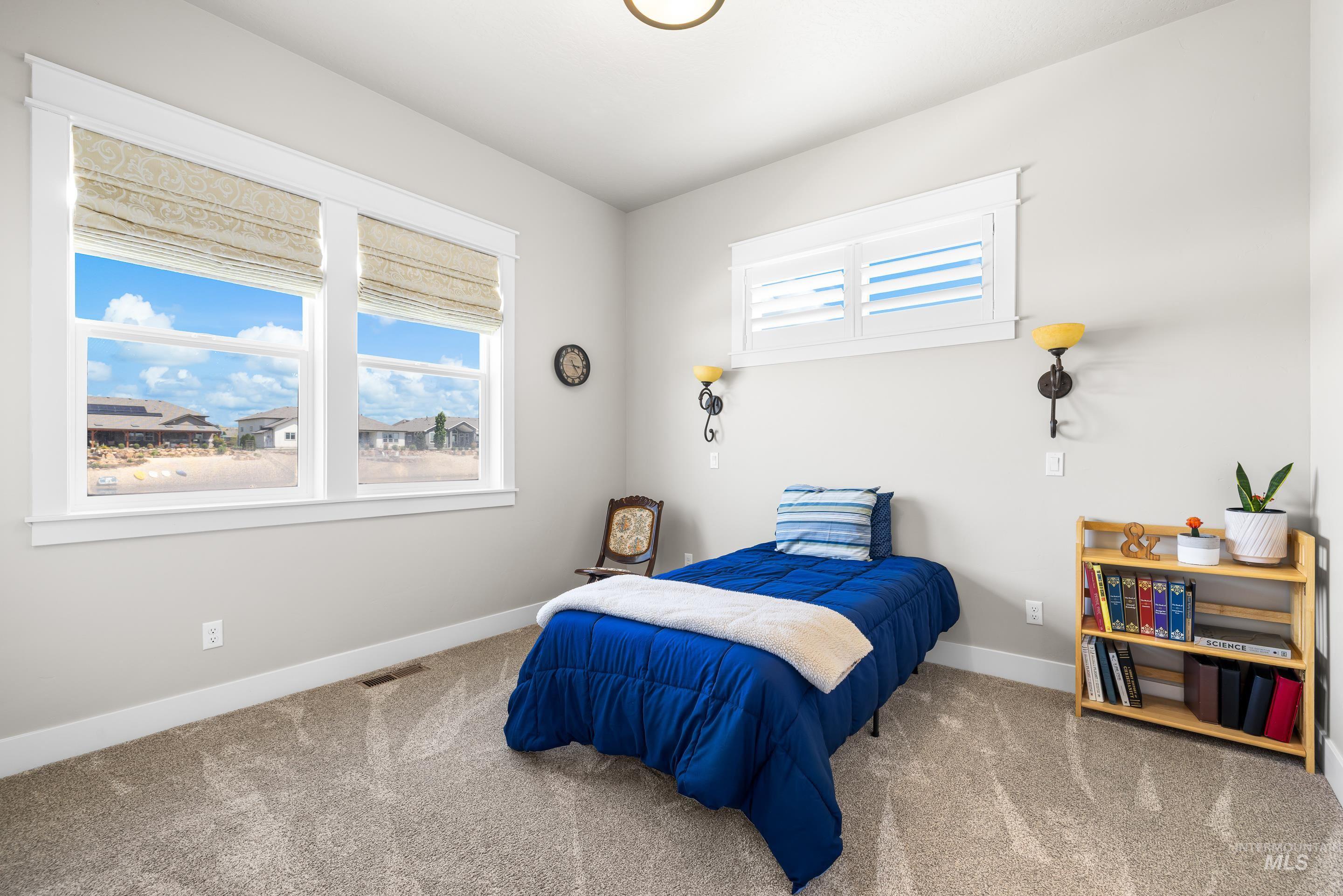 Carpeted bedroom featuring multiple windows