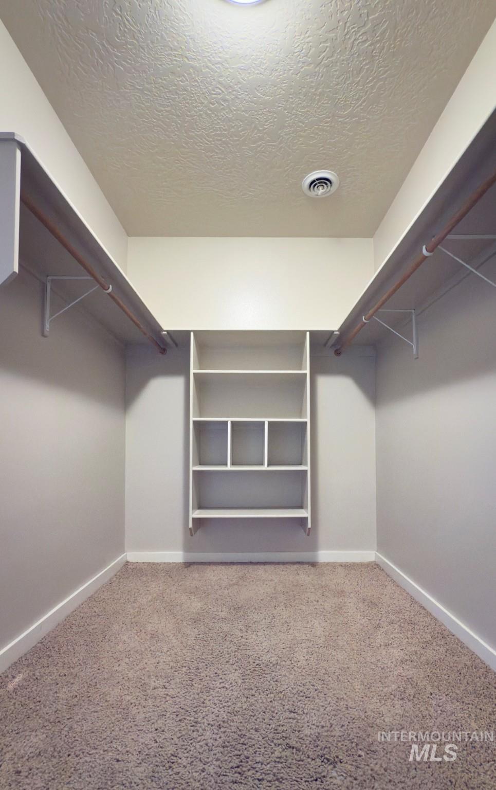 Walk in closet featuring light carpet
