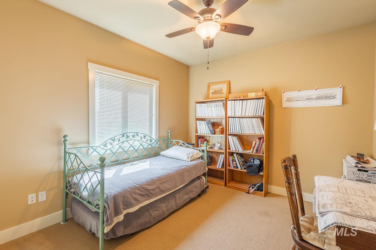 Bedroom featuring carpet and ceiling fan