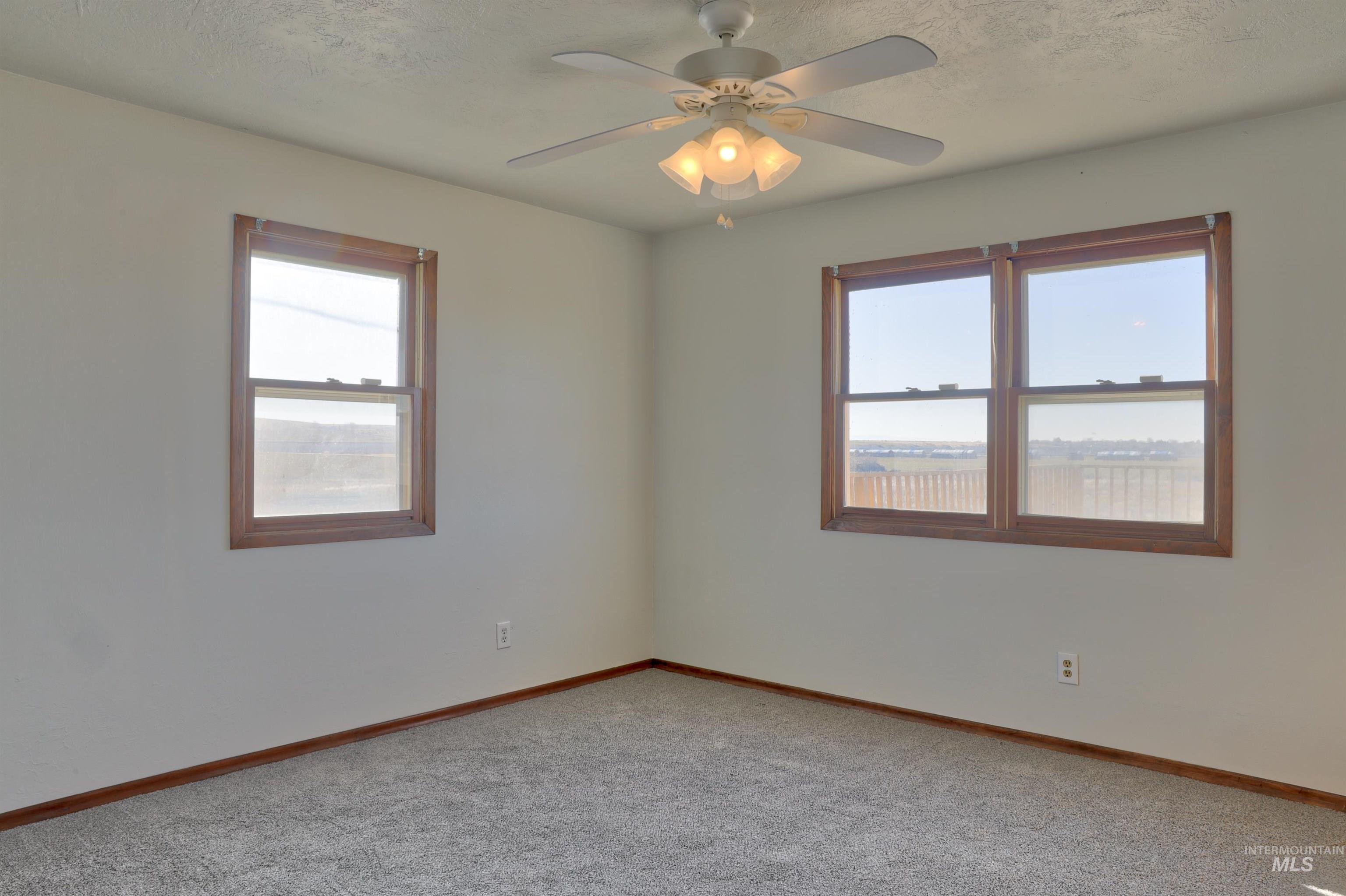 Carpeted spare room featuring plenty of natural light, a textured ceiling, and a ceiling fan