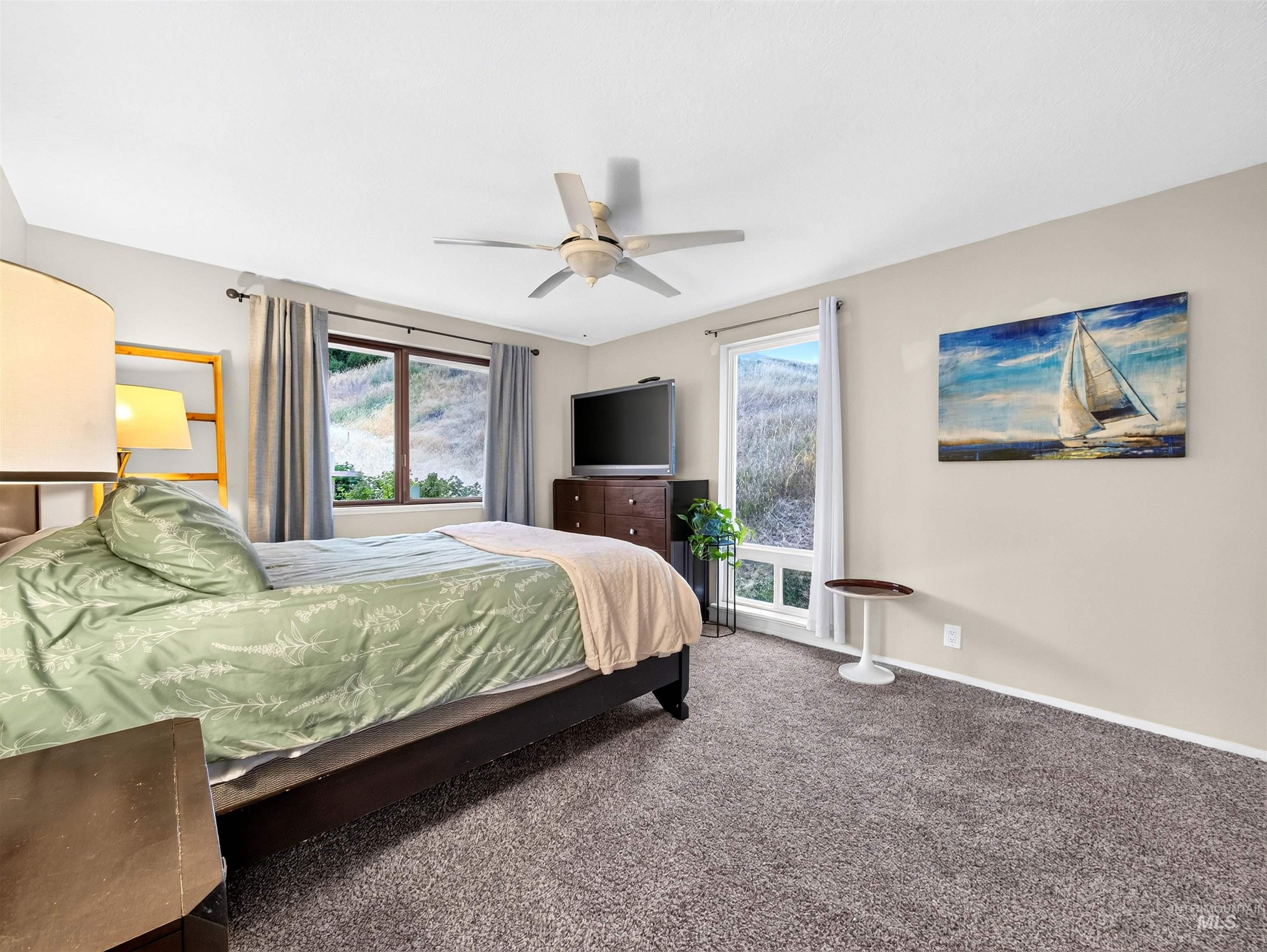 Carpeted bedroom featuring multiple windows, a ceiling fan, and painted walls