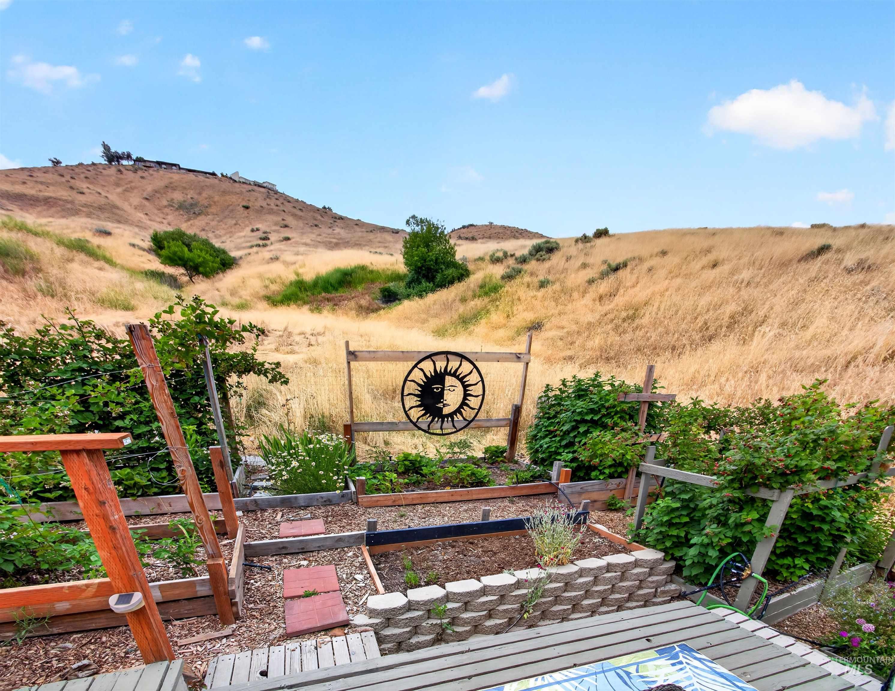 Tiered garden beds crafted from wood and concrete blocks, featuring mature shrubs and cultivated plants
