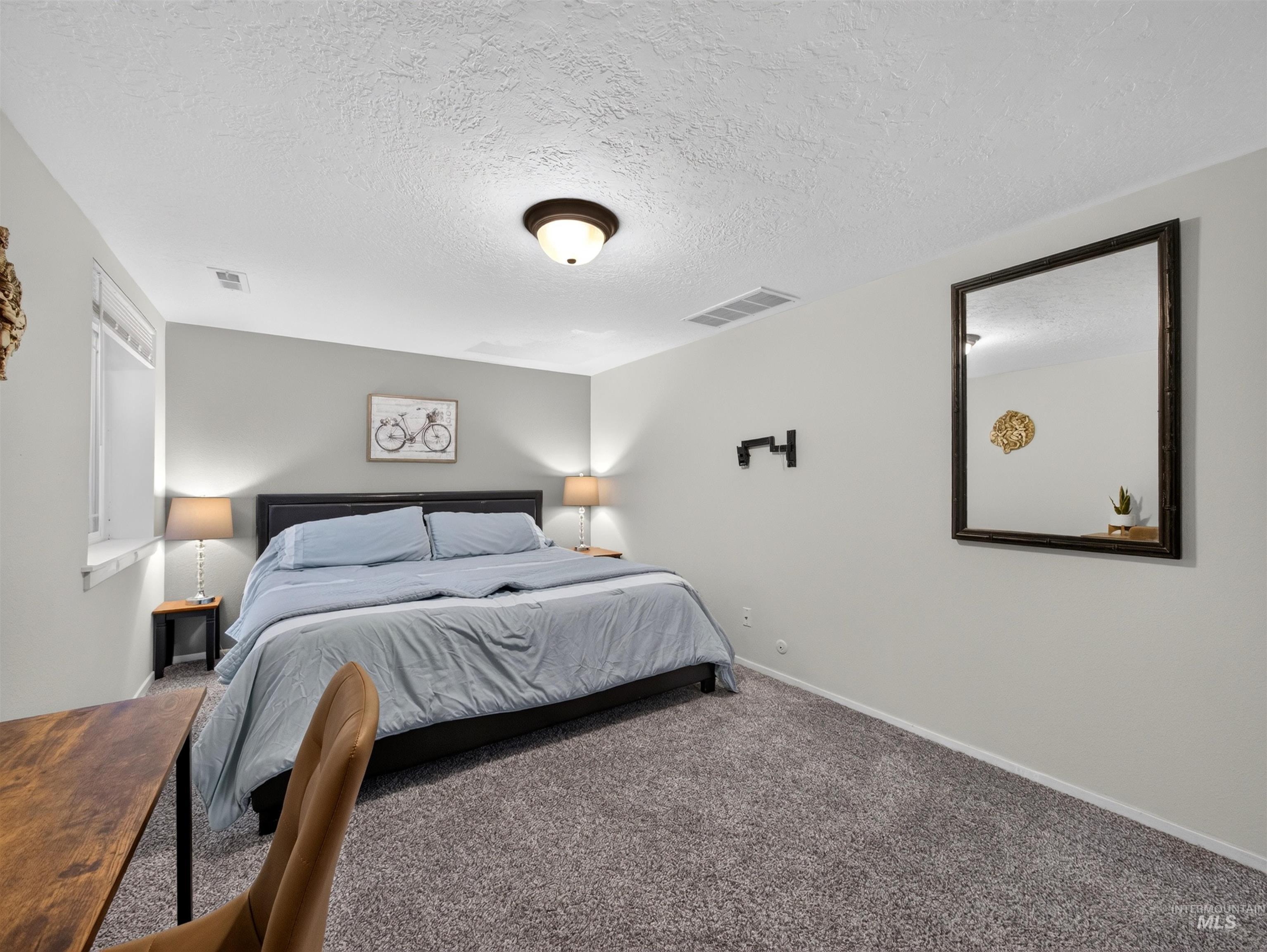 Carpeted bedroom featuring light gray painted walls, a large window with white trim, and a ceiling-mounted light fixture