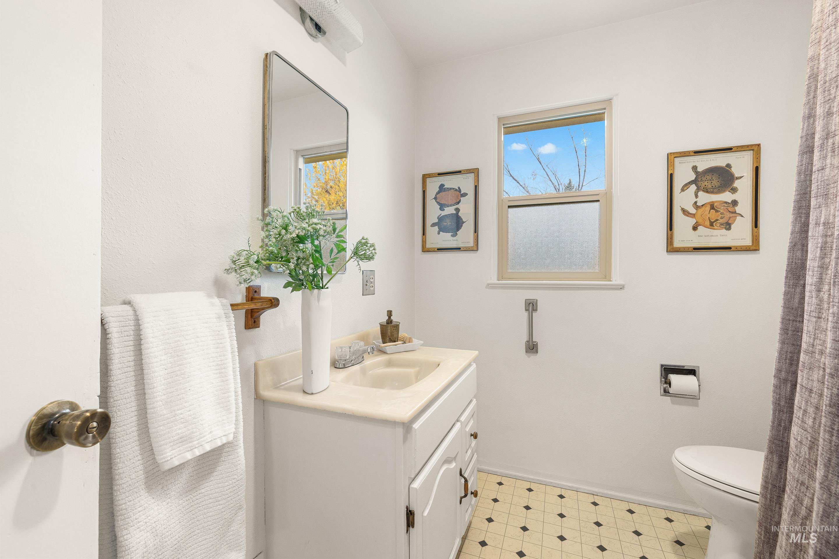 Full bath with vanity and a shower with shower curtain