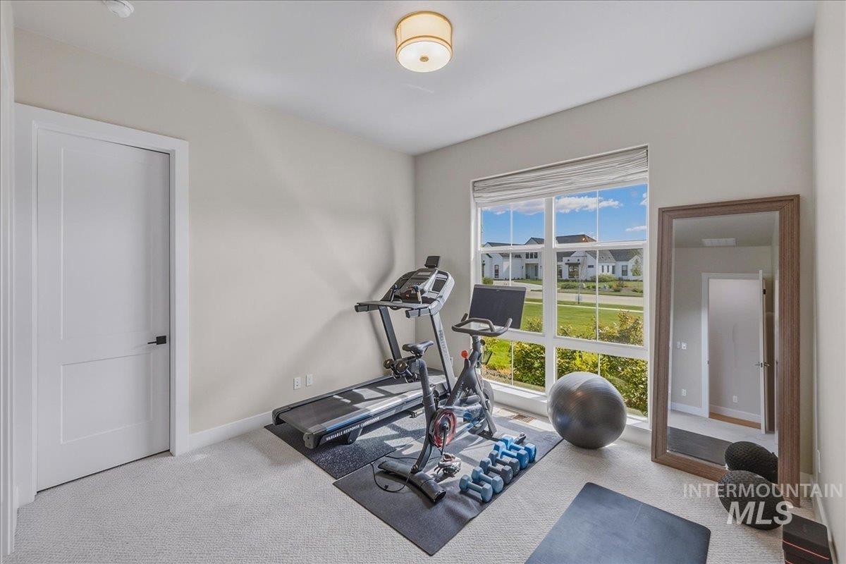 Bright room featuring a large window, soft carpet flooring, a flush mount ceiling light, and a white interior door with black hardware