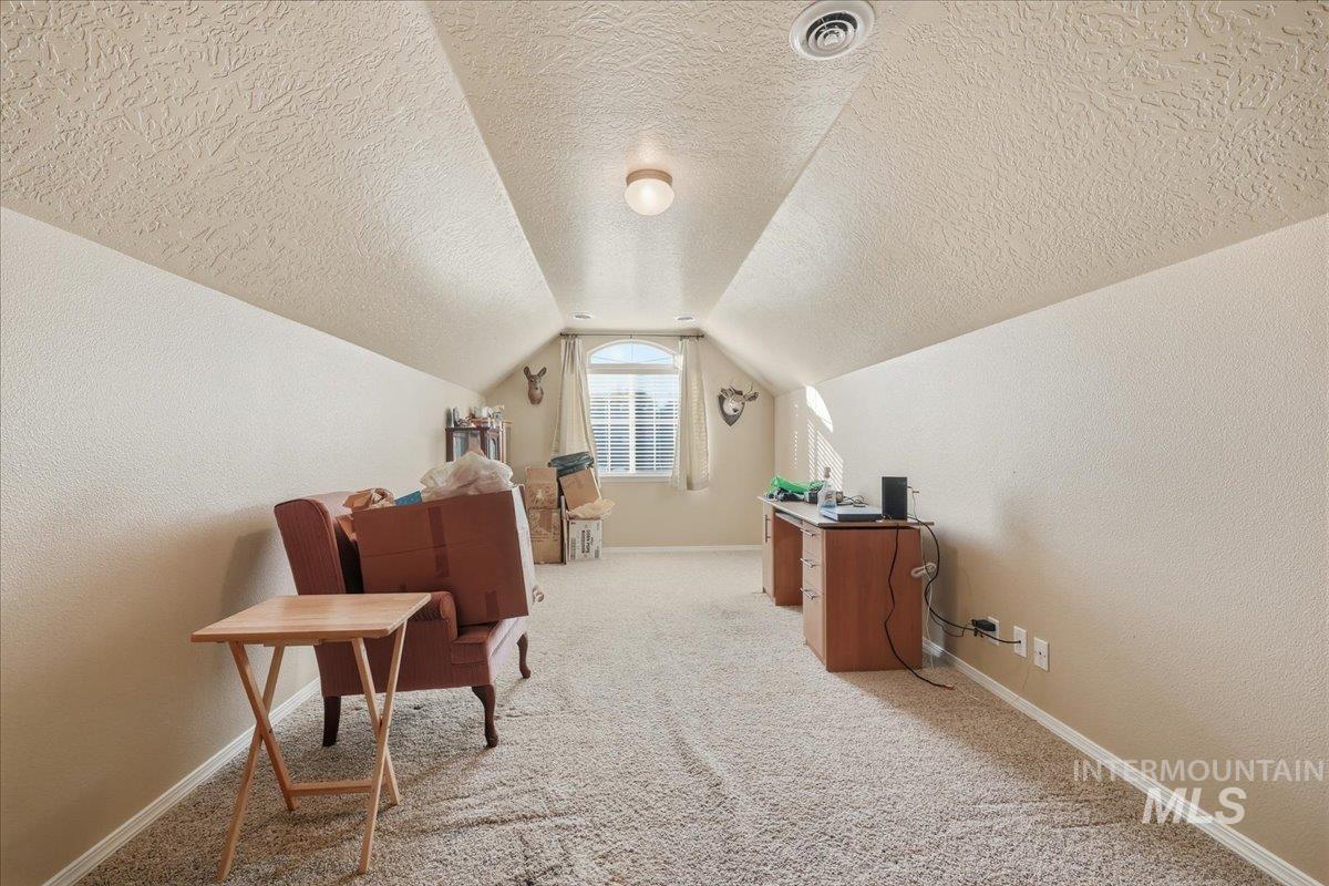 Home office featuring a textured wall, light colored carpet, a textured ceiling, and lofted ceiling