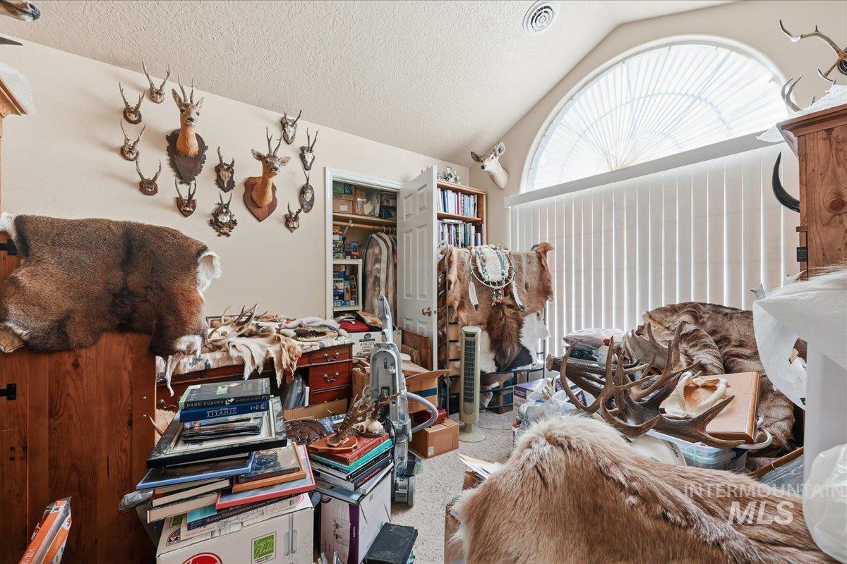 Miscellaneous room featuring lofted ceiling and a textured ceiling