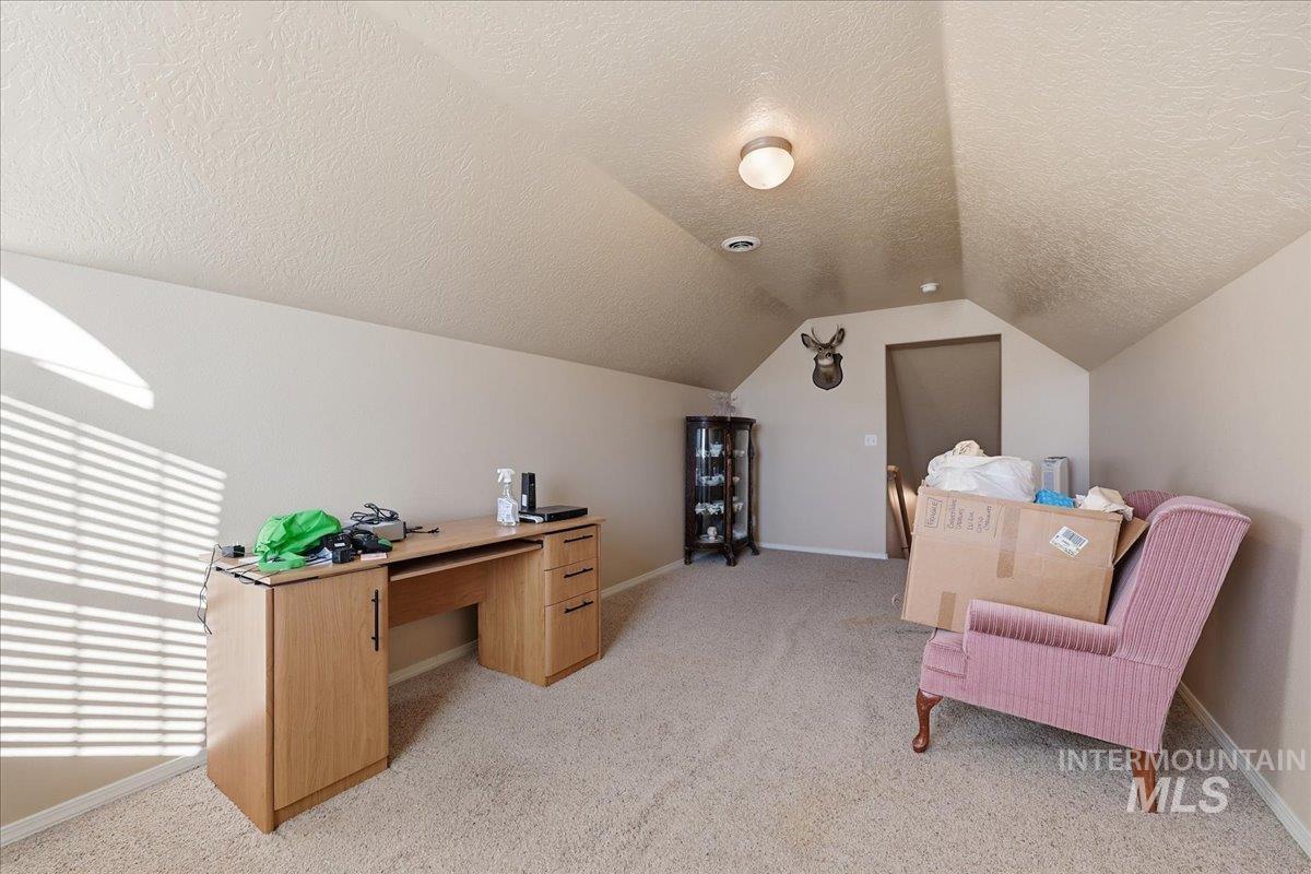 Office area with light carpet, a textured ceiling, and vaulted ceiling