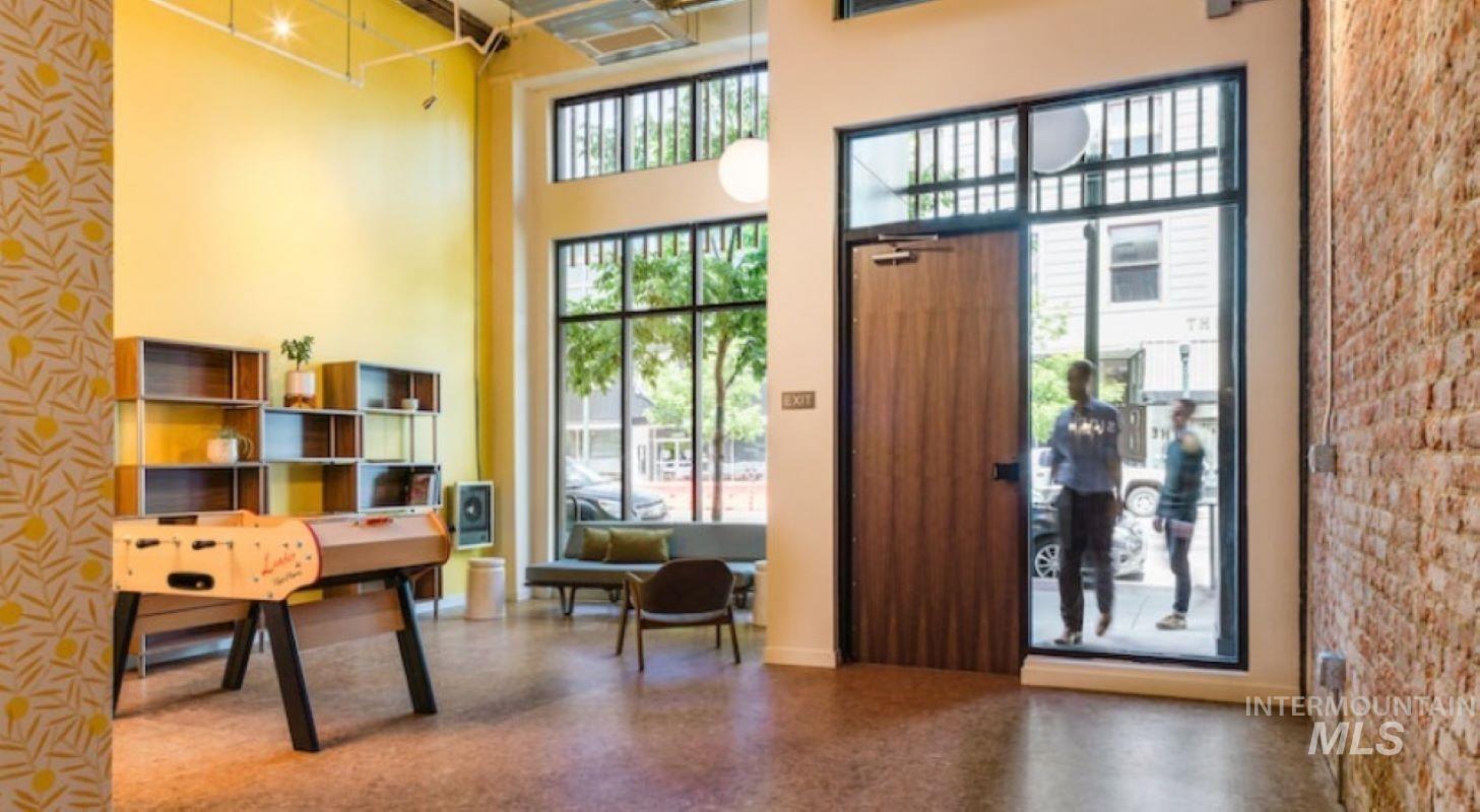 Building lobby with a towering ceiling