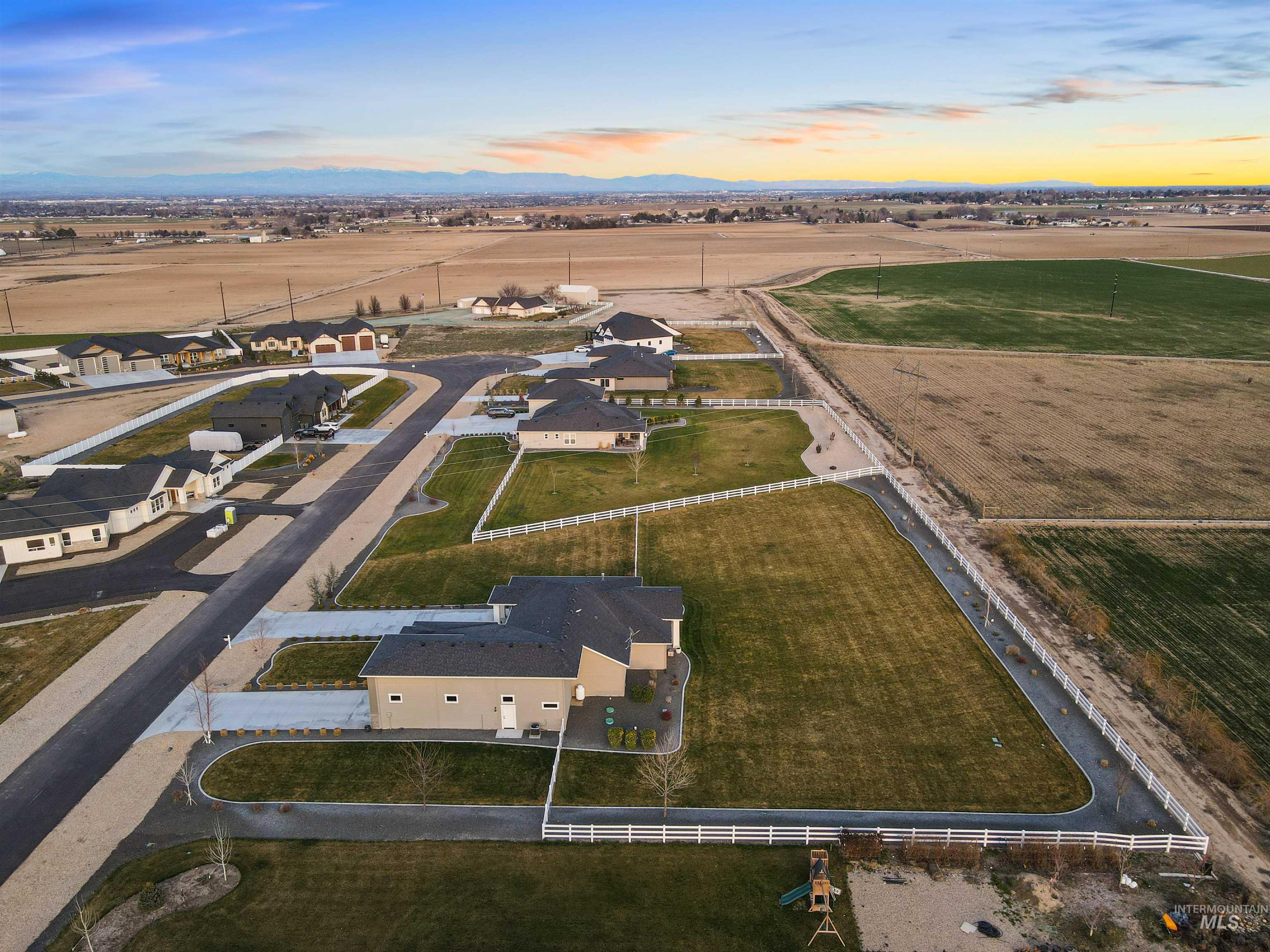 Aerial view at dusk of a rural view and a mountain view