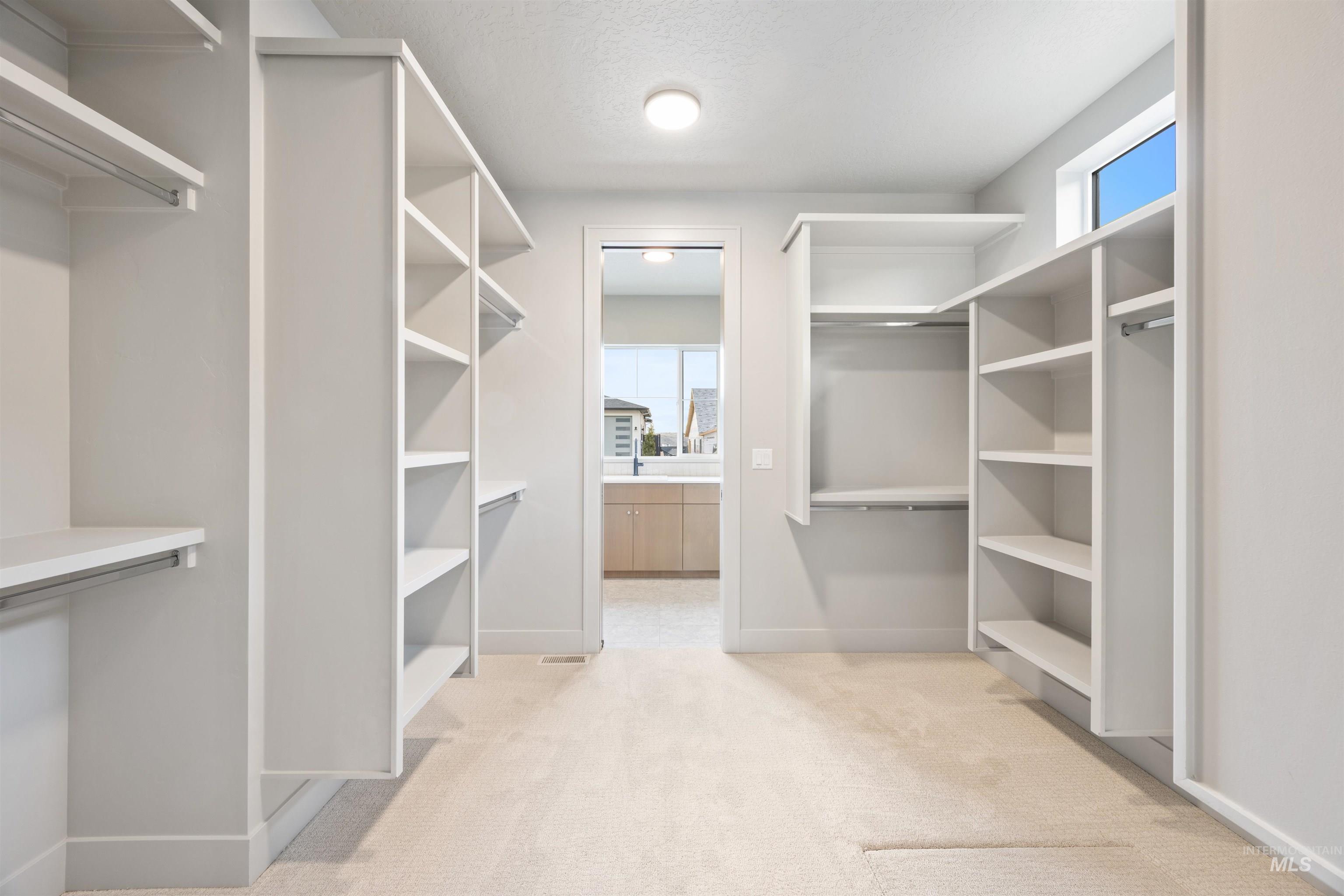 Walk in closet with light carpet