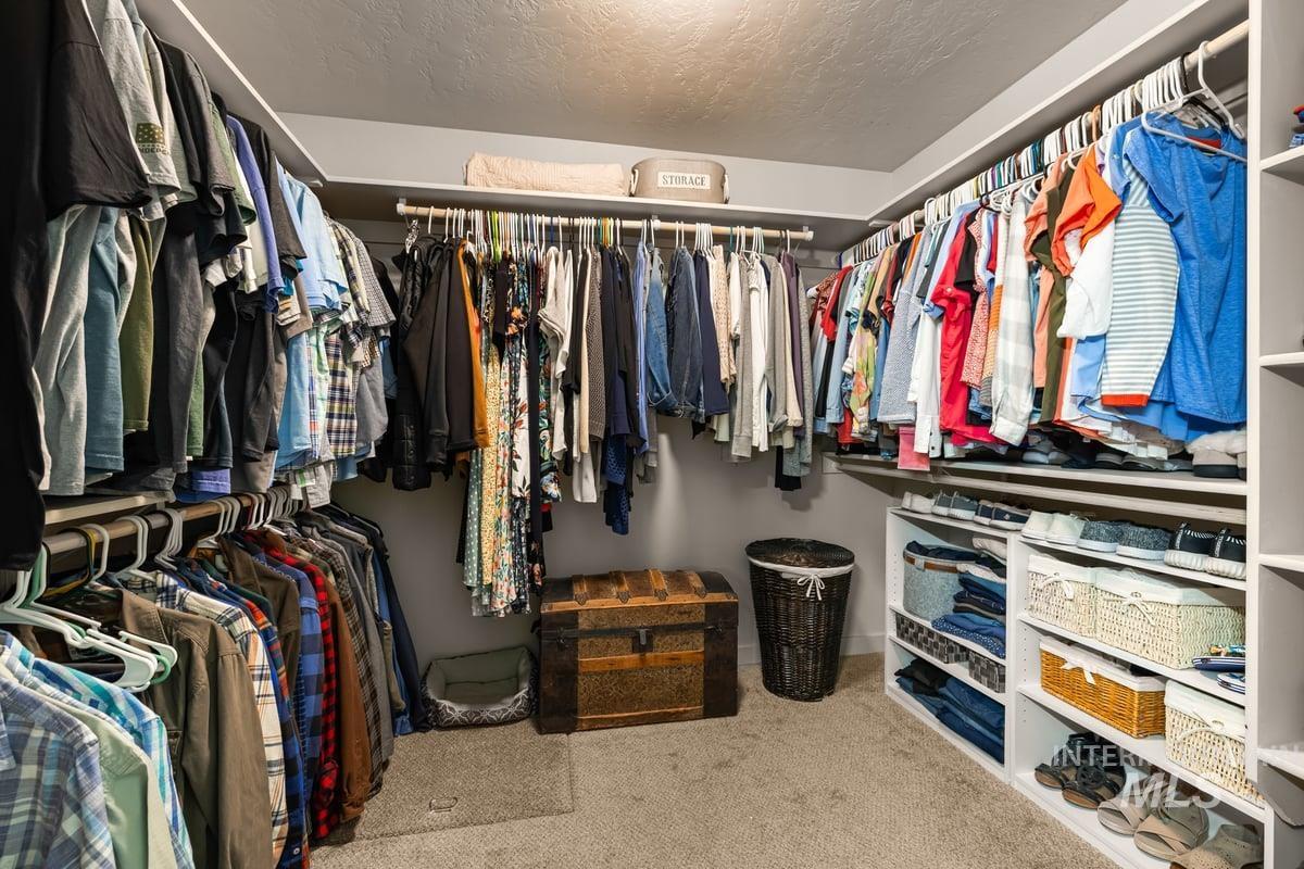 Spacious closet with light carpet