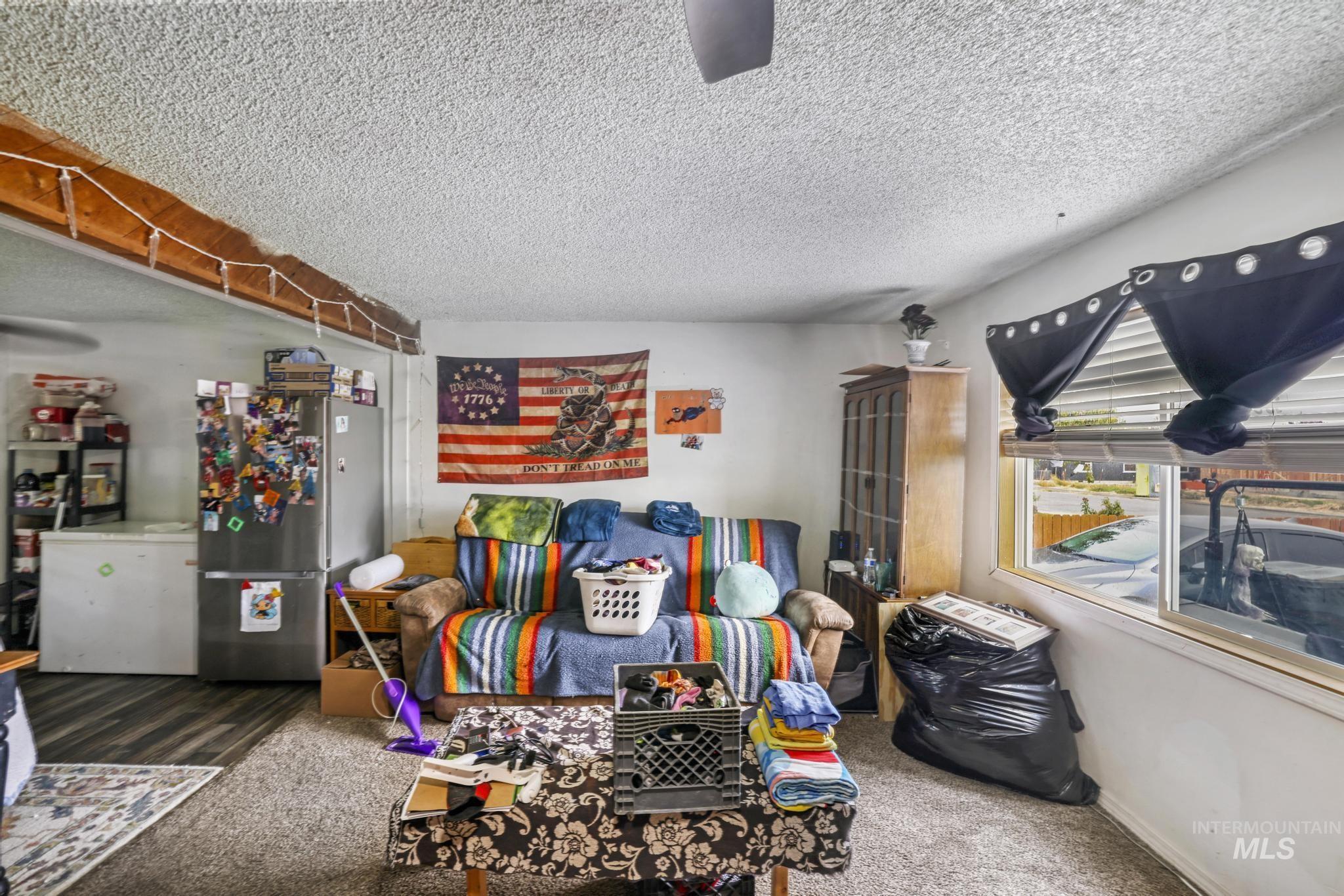Living area featuring a textured ceiling and carpet floors