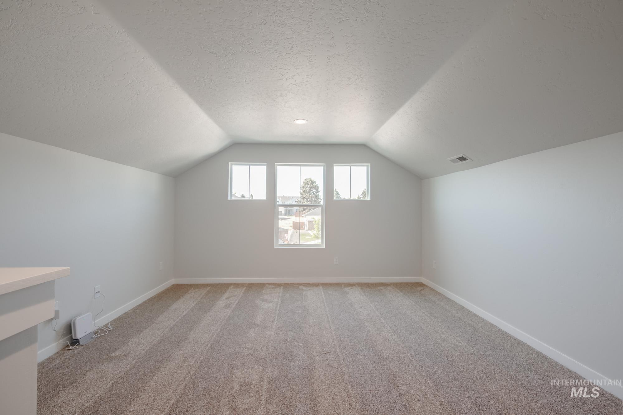 Bonus room featuring light carpet, a textured ceiling, and vaulted ceiling