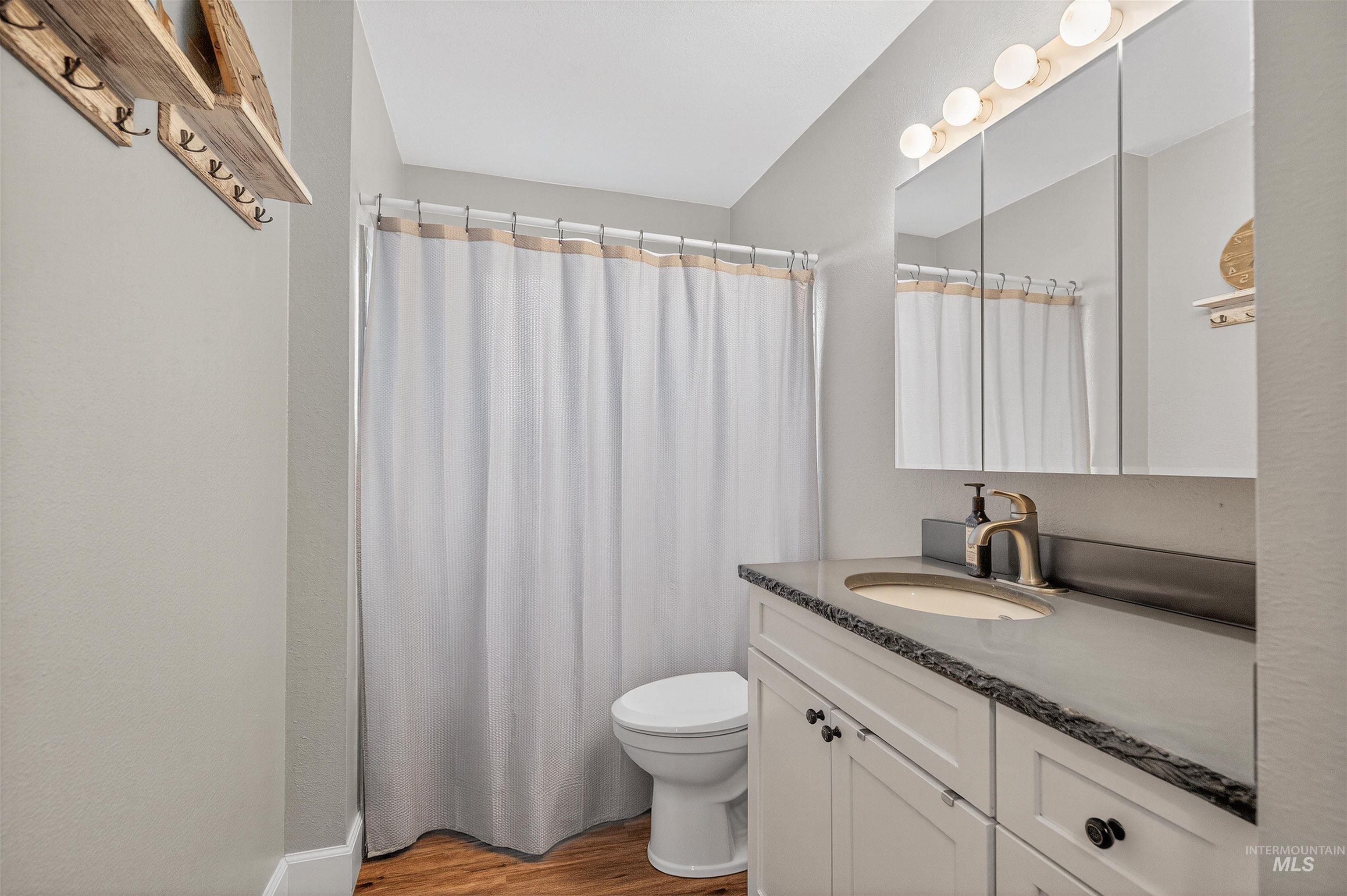 Bathroom with vanity, light wood-type flooring, and a shower with curtain