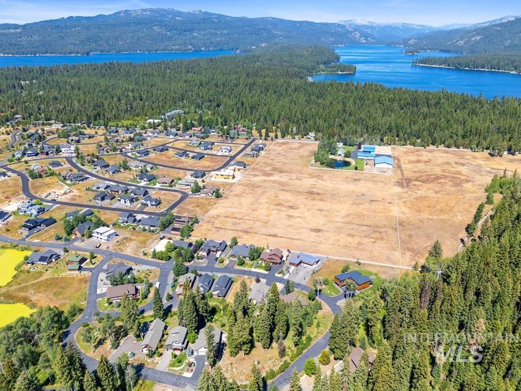 Aerial view of property's location with a forest and a mountainous background